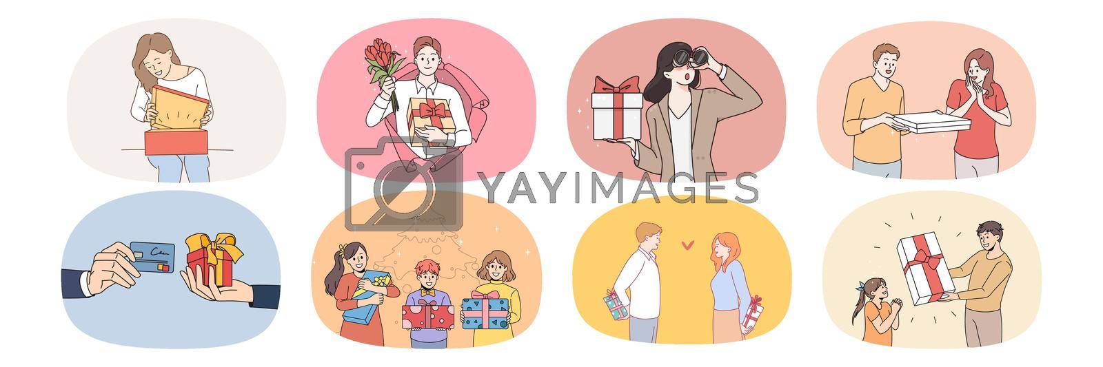 Collection of overjoyed man and woman feel excited with present surprise. Set of diverse people get gift on birthday or anniversary. Concept of greeting and celebration. Flat vector illustration.