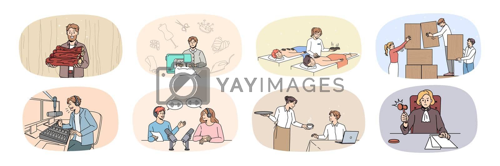 Collection of people and their professions. Set of diverse man and woman employees and occupations or jobs. Tailor, masseuse and musician. Waitress, attorney and lumberjack. Vector illustration.