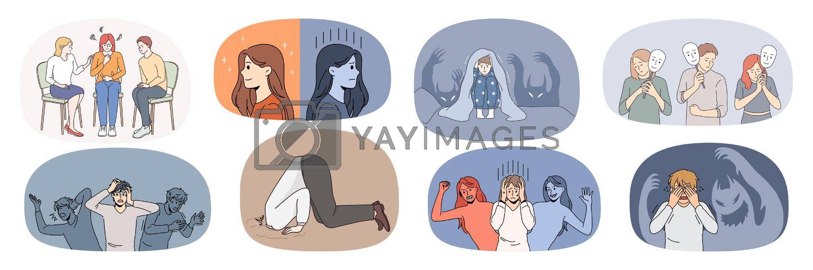 Set of unhappy sick diverse people suffer from mental psychological problems. Collection of scared emotional men and women struggle with panic attack or bipolar disorder. Vector illustration.