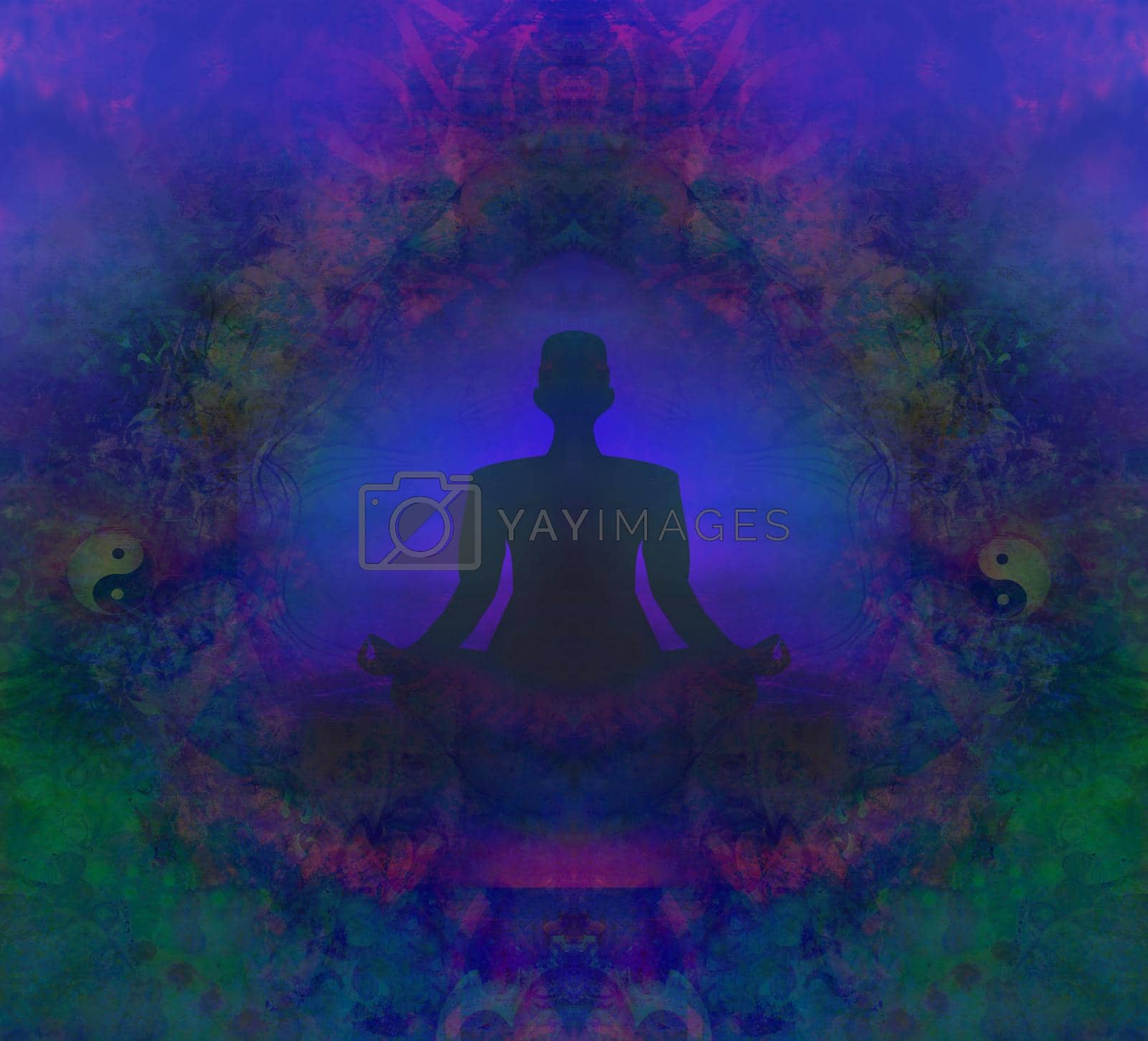 Man silhouette meditate, yoga decorative card 