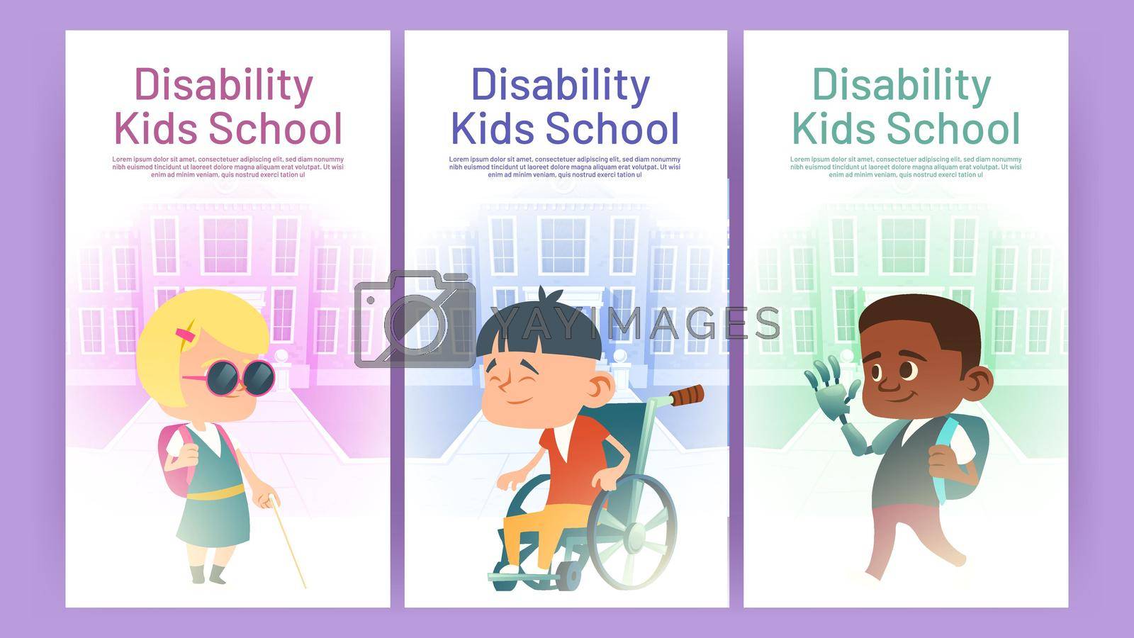 Disability kids school cartoon posters with multiracial handicapped children, asian boy on wheelchair, blind caucasian girl and african child with hand bionic prosthesis at campus, Vector promo flyers