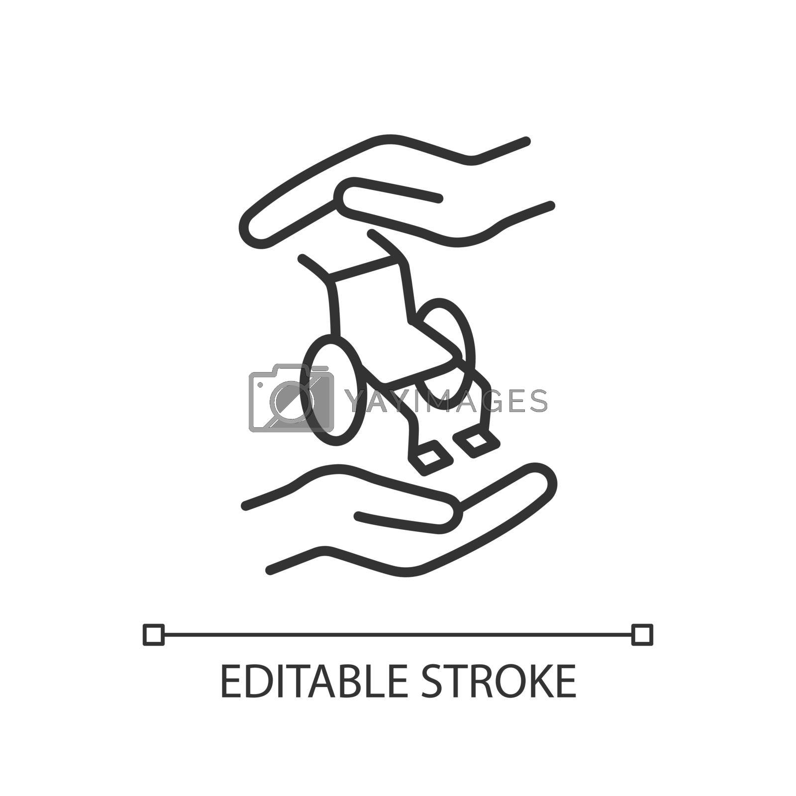 Support people with disabilities linear icon. Equal opportunities for special needs children. Thin line illustration. Contour symbol. Vector outline drawing. Editable stroke. Arial font used