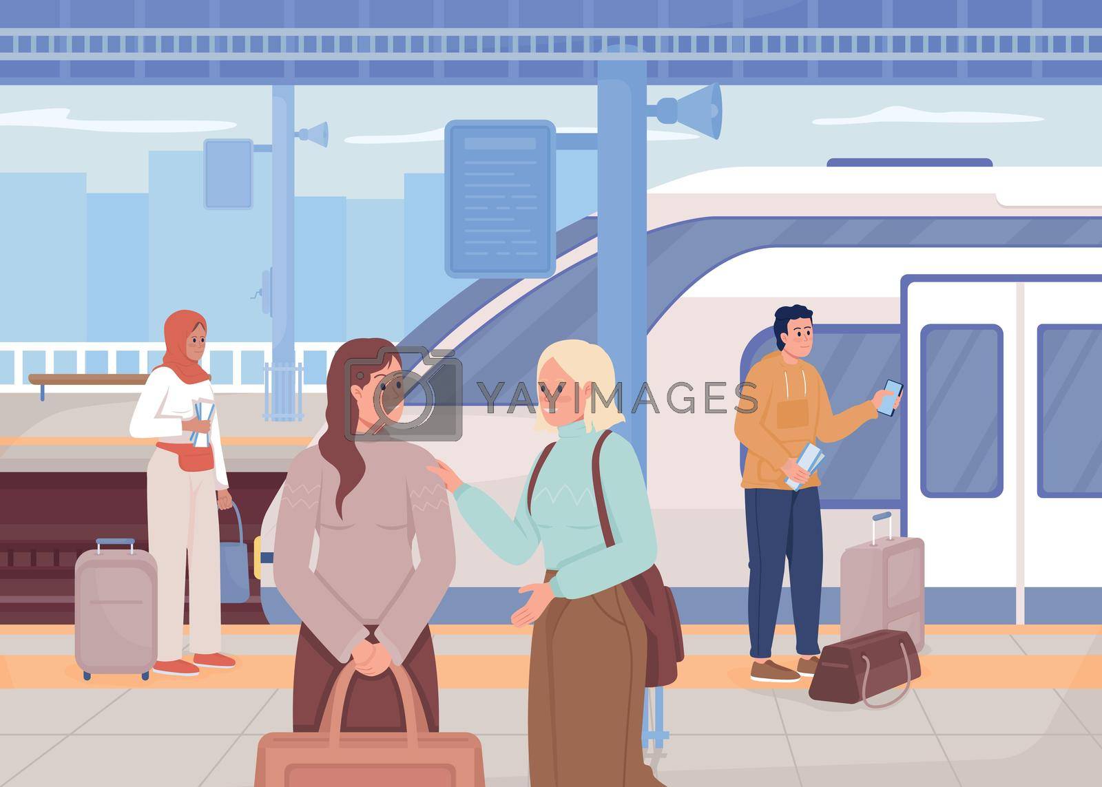 People waiting at train station flat color vector illustration. Modern urban lifestyle. Railway station. Public area. Passengers 2D simple cartoon characters with cityscape on background