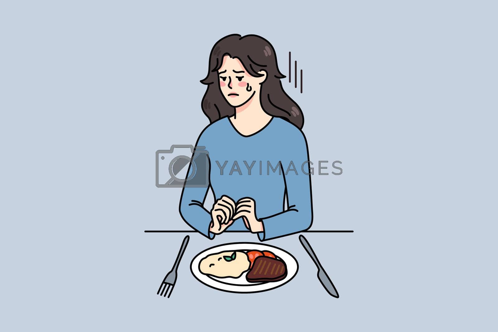Royalty free image of Unhappy woman sit with dish plate suffer from eating disorder by Vasilyeva