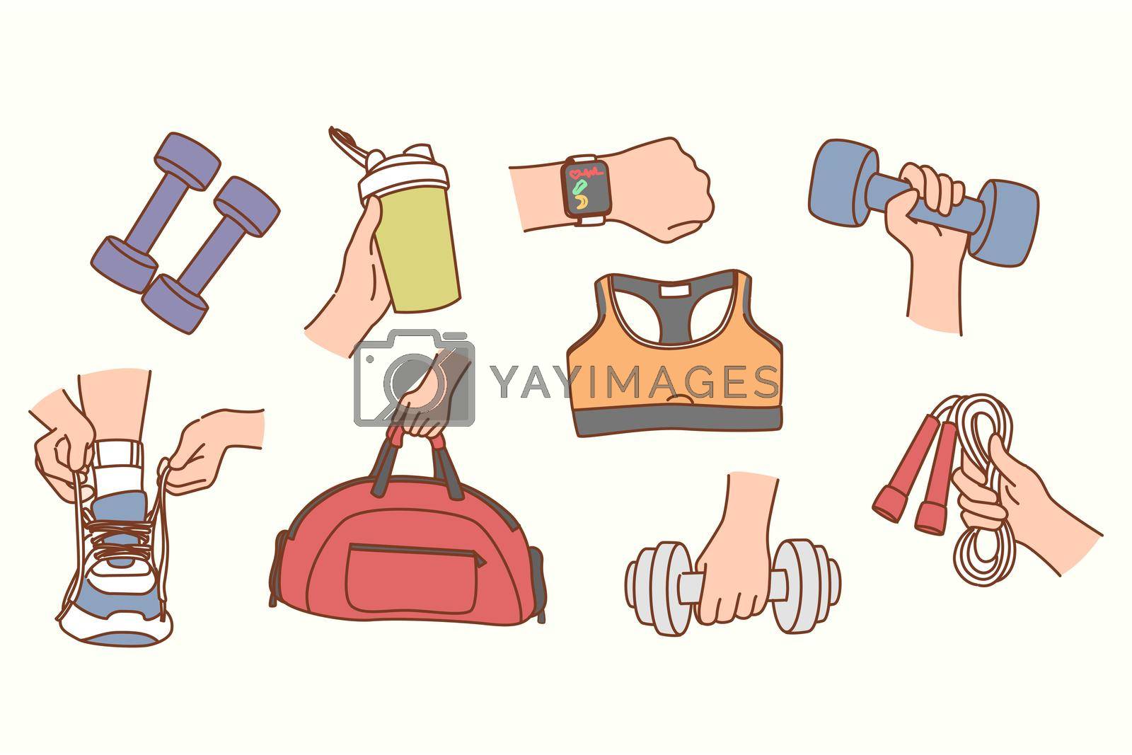 Set of person with sportive equipment get ready for training or workout. Collection of man or woman prepare for exercise or fitness in gym. Sport and physical healthy lifestyle. Vector illustration.