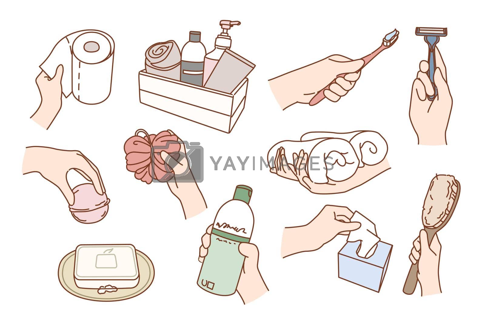 Set of person with beauty products do daily body and face routine in bath. Collection of man and woman with bathroom essentials preform morning hygiene. Flat vector illustration.