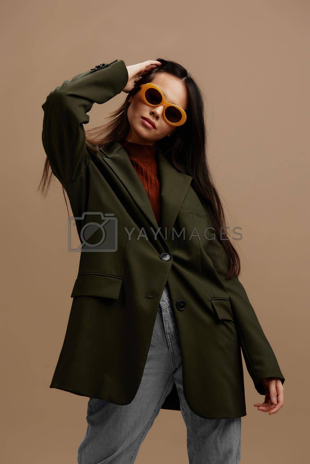 woman stylish clothes fashion glasses charm isolated background. High quality photo
