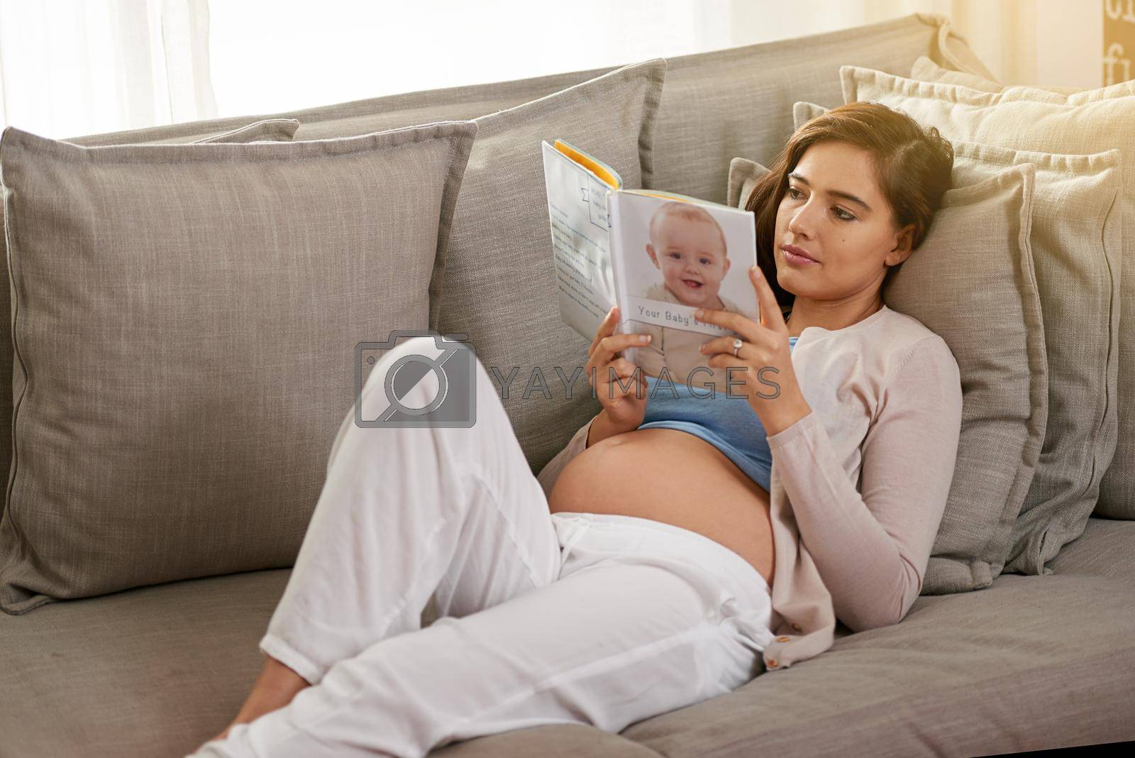 Royalty free image of Researching the A to Zs of pregnancy, childbirth and parenting. Shot of a young pregnant woman reading a baby book at home. by YuriArcurs