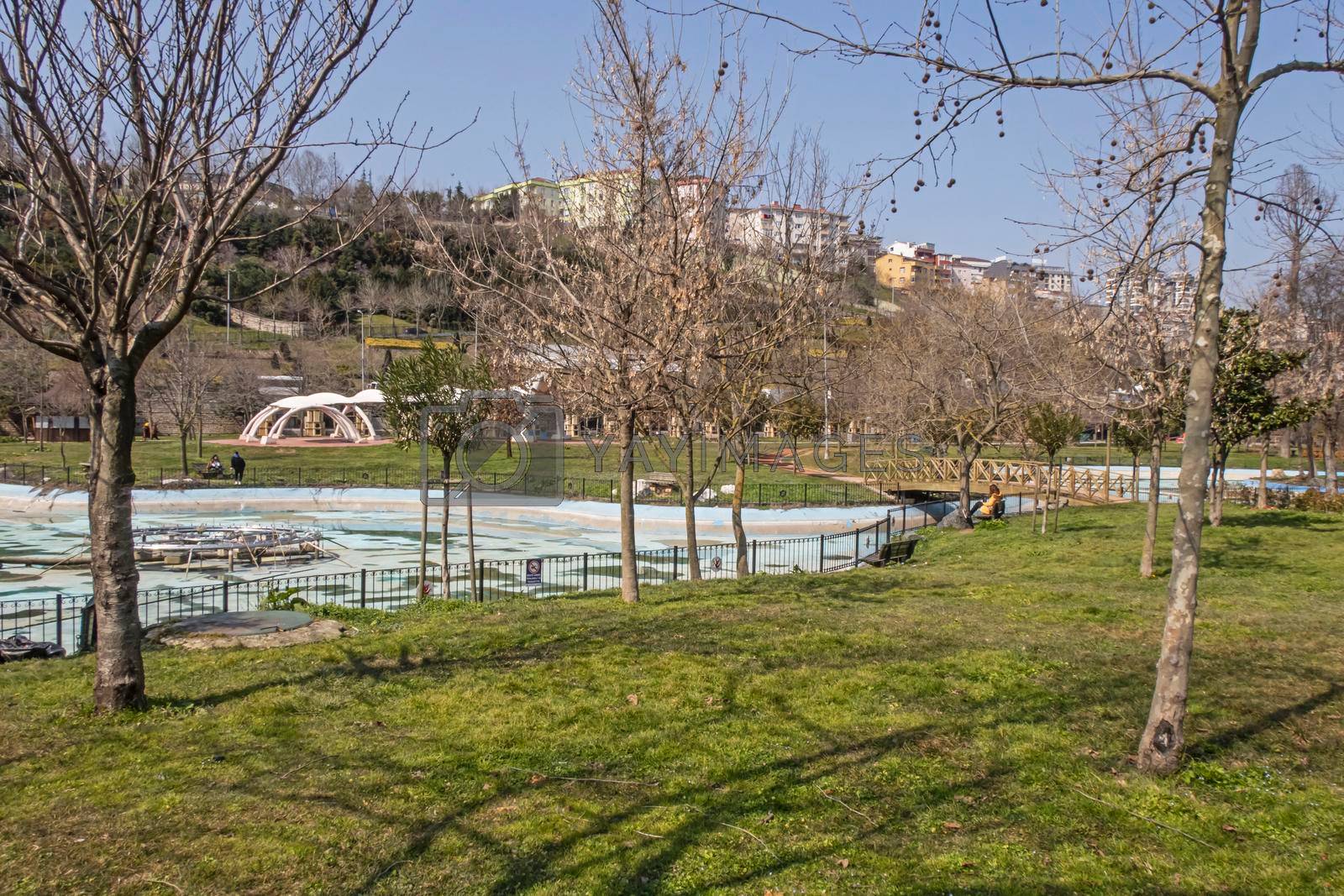 Kagithane,istanbul,Turkey-March 25,2022.Kagithane district on the shore of the Golden Horn with its green parks, historical and modern buildings.