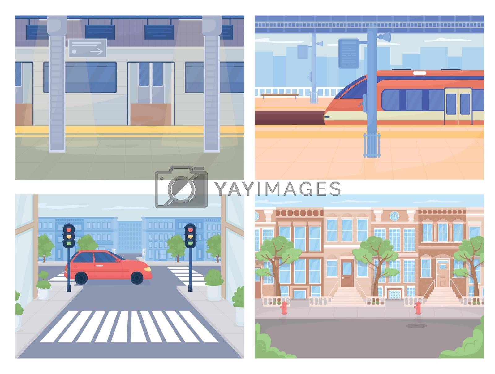 Public transportation in city lat color vector illustration set. Rail trip. Metro station. Transport for passengers 2D simple cartoon cityscape with buildings on background collection