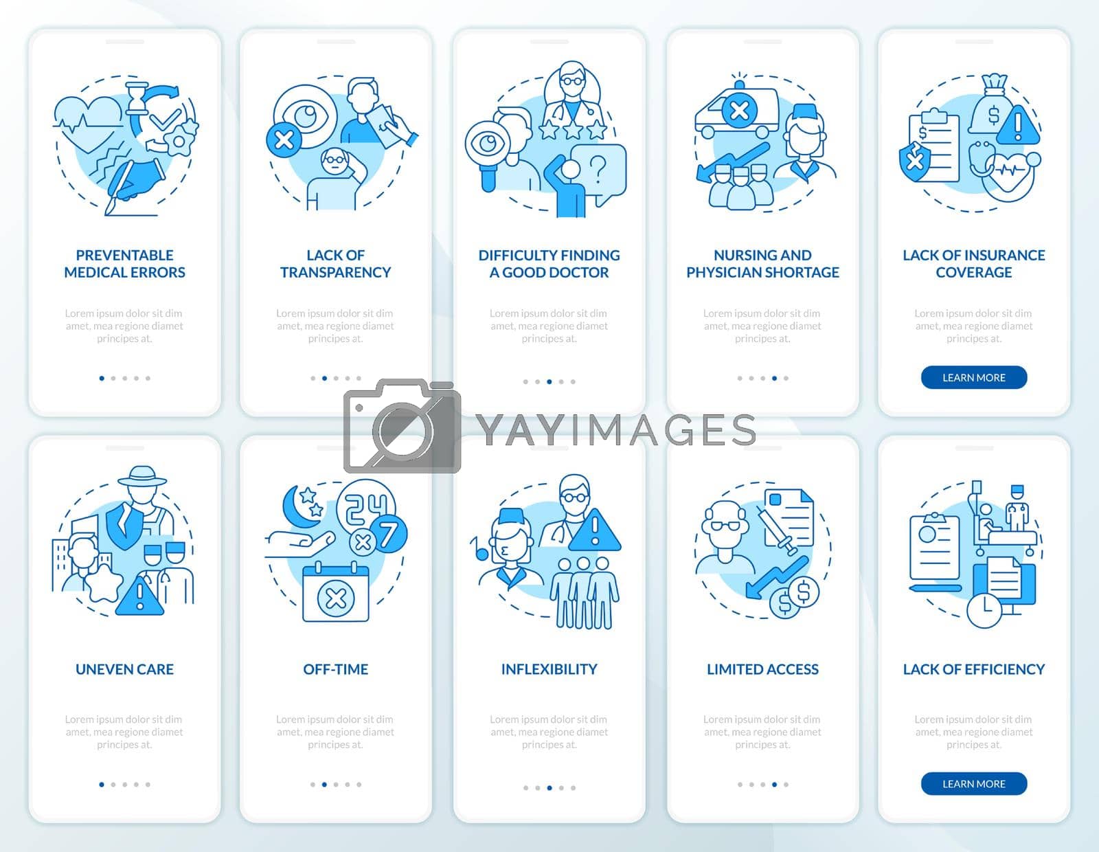 Problems with healthcare system blue onboarding mobile app screen set. Walkthrough 5 steps graphic instructions pages with linear concepts. UI, UX, GUI template. Myriad Pro-Bold, Regular fonts used
