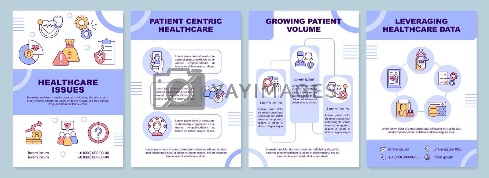 Healthcare problematic points blue brochure template. Patient loyalty. Leaflet design with linear icons. 4 vector layouts for presentation, annual reports. Arial-Black, Myriad Pro-Regular fonts used