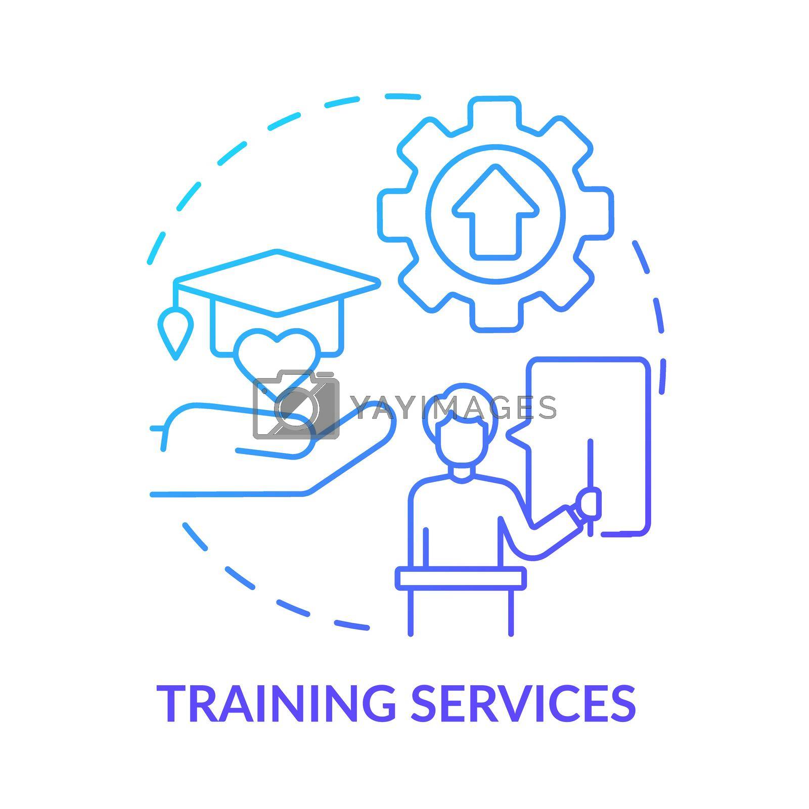 Training services blue gradient concept icon. Governments may aid abstract idea thin line illustration. Certification exam. Multidisciplinary class. Isolated outline drawing. Myriad Pro-Bold font used
