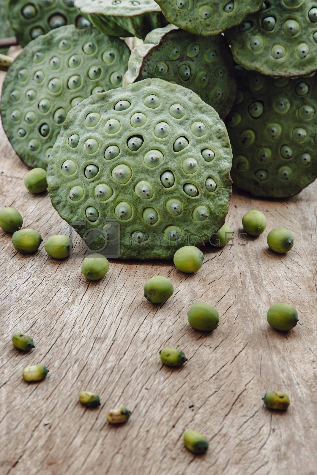 Fresh green lotus seed pods and Lotus seeds green on old wooden board background. Selective focus.