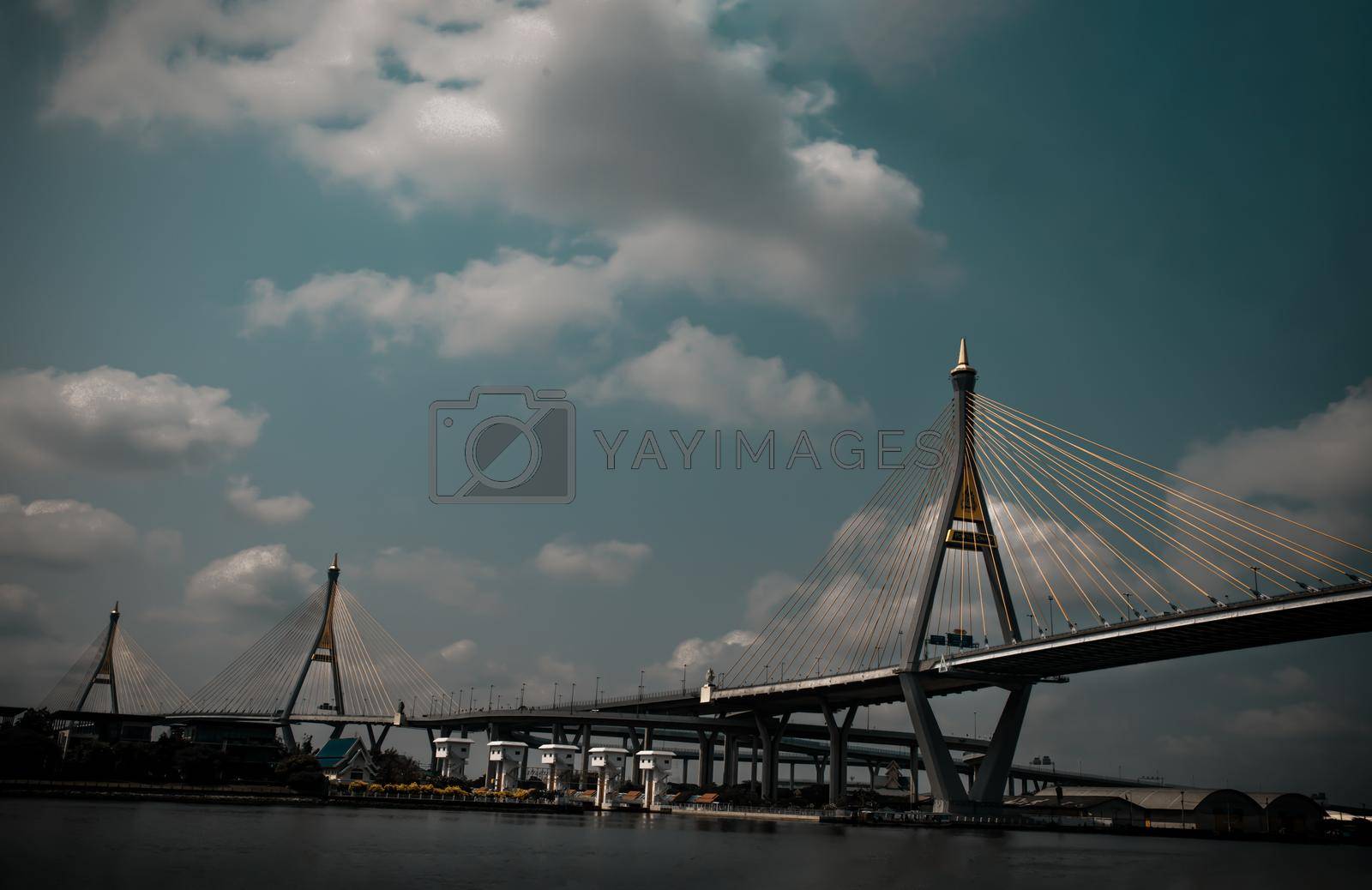 Bangkok, thailand - 12 Mar, 2021 : Bhumibol suspension bridge cross over Chao Phraya River at afternoon. Is one of the most beautiful bridges in Thailand. No focus, specifically.