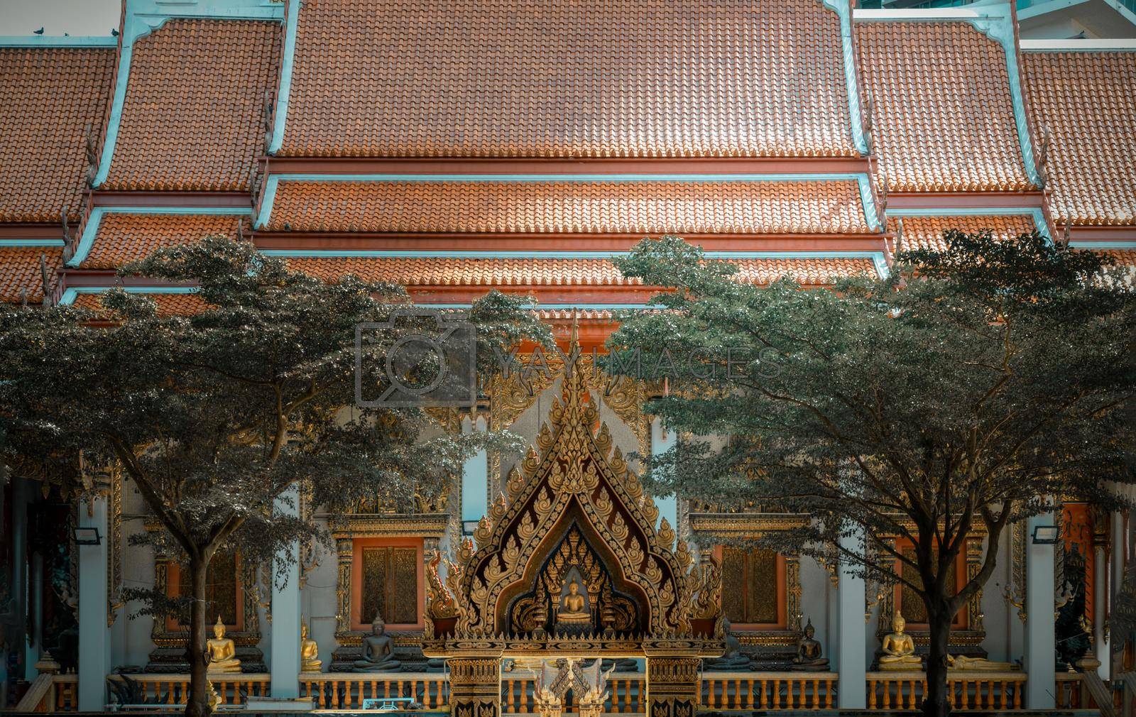 Bangkok, Thailand. Mar - 12, 2022 : Beautiful of Buddhist church at the Wat khlong phum temple. Selective Focus.