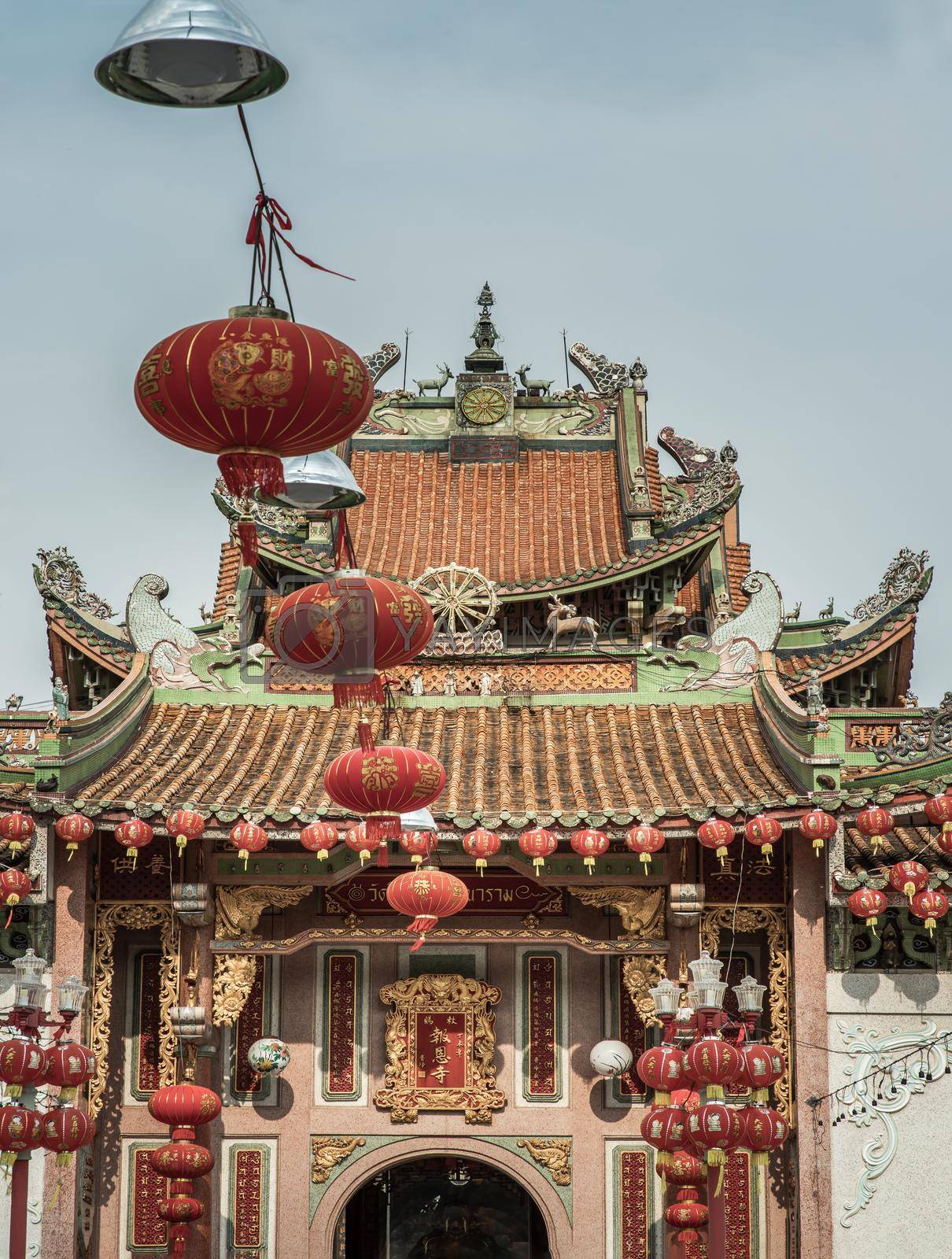 Bangkok, Thailand - Feb 10, 2020 : Architecture of chinese-style temple in front of the Wat Bhoman Khunaram (Bhoman Khunaram Temple). Selective focus.