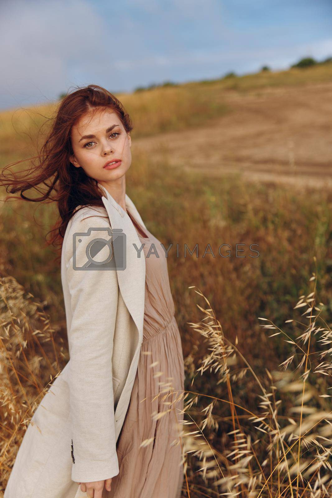 woman wheat countryside landscape freedom sunny day. High quality photo