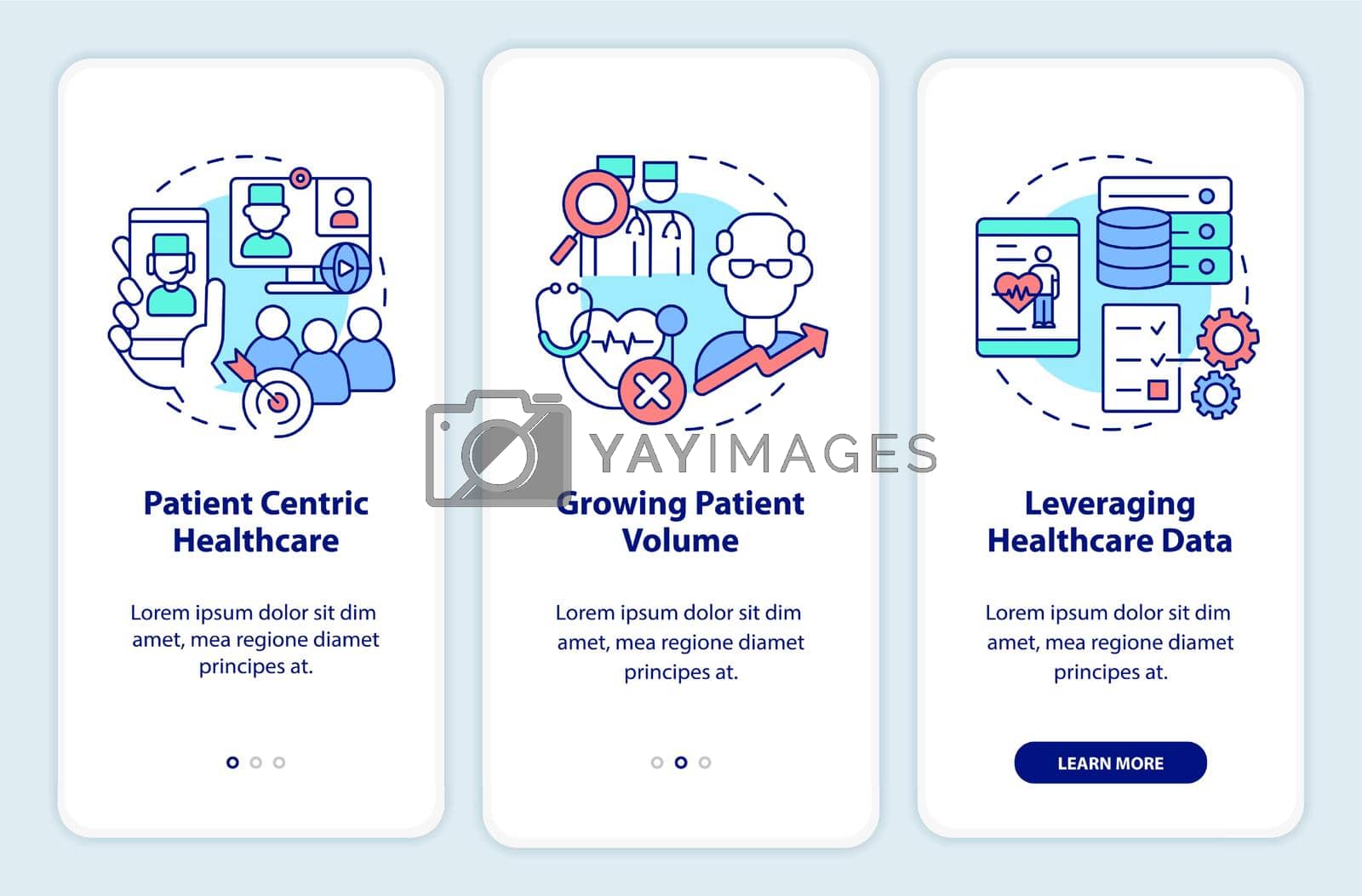 Healthcare challenges onboarding mobile app screen. Patient centric care walkthrough 3 steps graphic instructions pages with linear concepts. UI, UX, GUI template. Myriad Pro-Bold, Regular fonts used