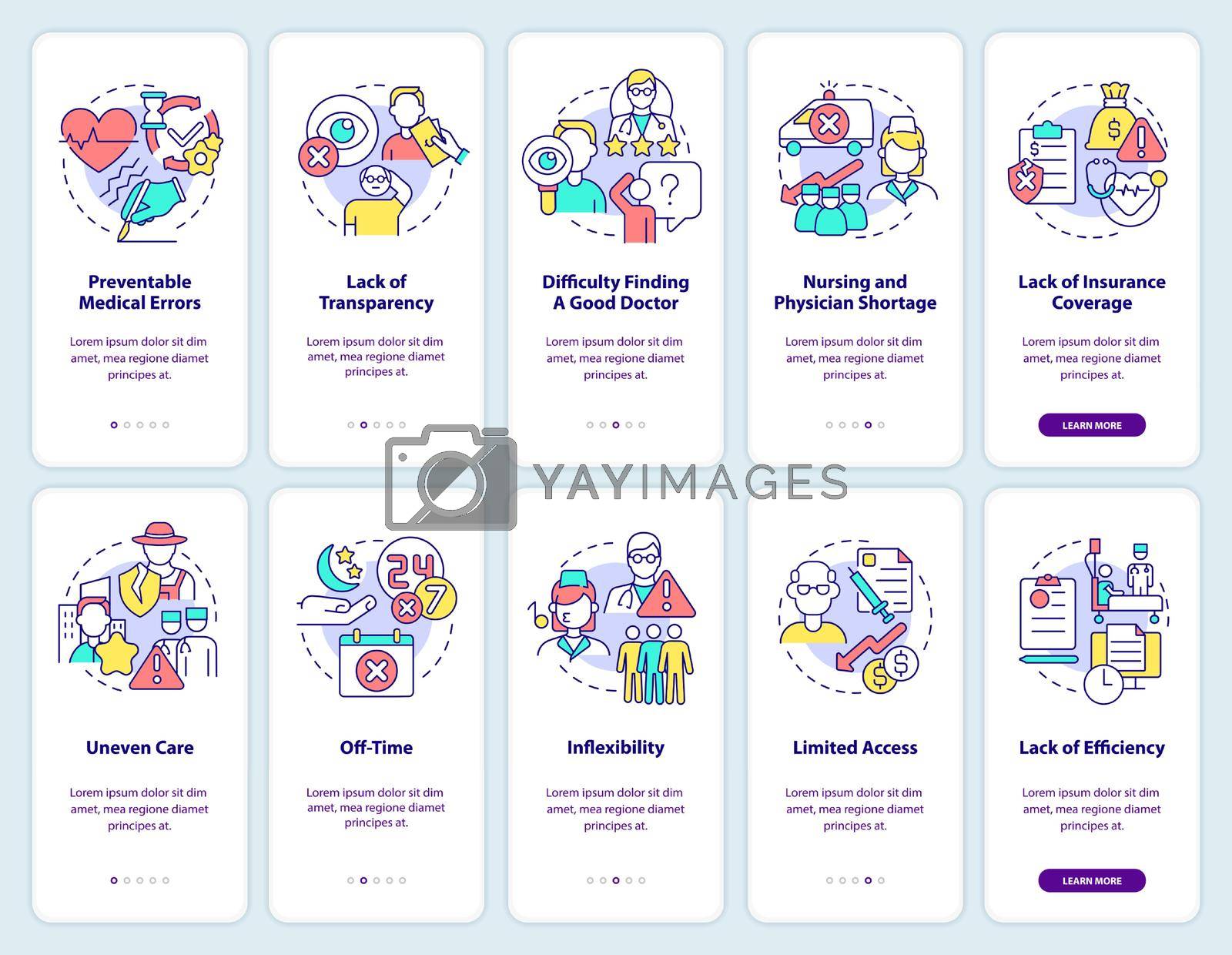 Healthcare management issues onboarding mobile app screen set. Walkthrough 5 steps graphic instructions pages with linear concepts. UI, UX, GUI template. Myriad Pro-Bold, Regular fonts used