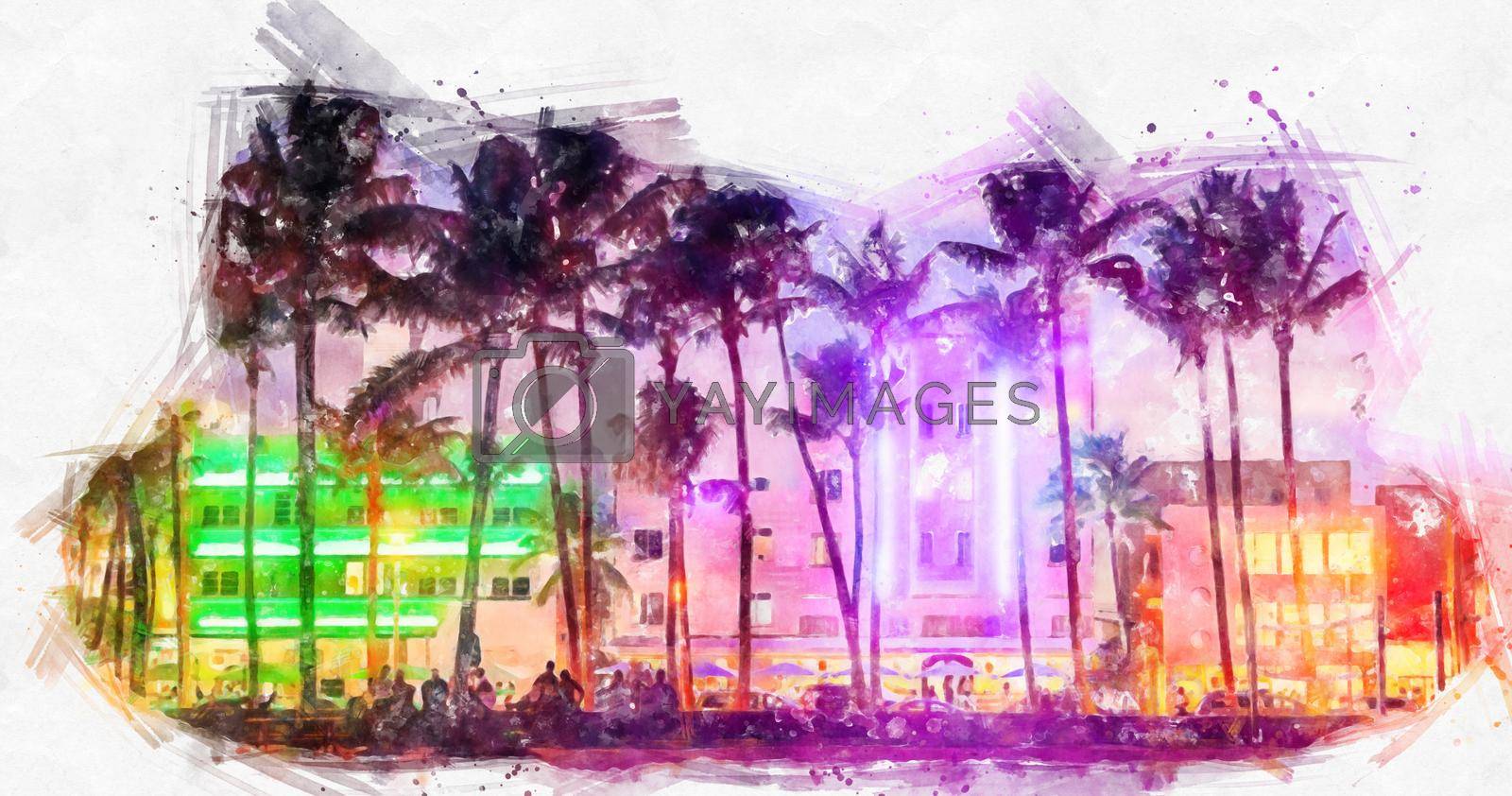 Watercolor painting illustration of Ocean Drive hotels and restaurants at sunset. City skyline with palm trees at night. Art deco nightlife on the South beach