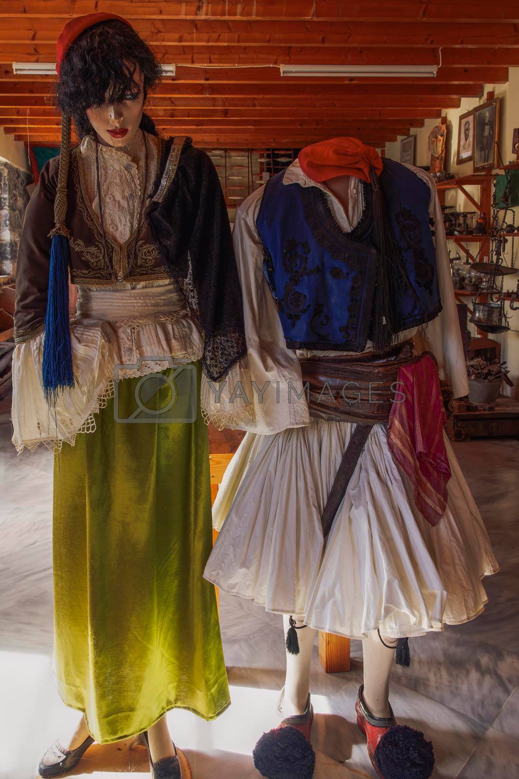 Vytina, Greece Folklore Museum interior, displaying traditional 18th century Greek clothes and fustanella from the history culture of the area in Arcadia, Peloponnese Greece.