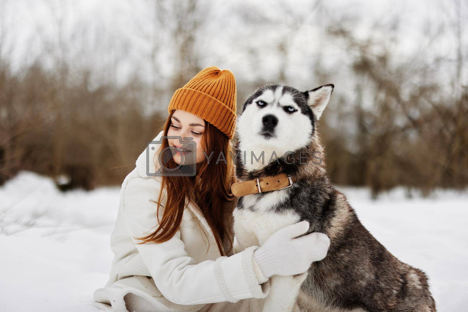 cheerful woman outdoors in a field in winter walking with a dog fresh air. High quality photo