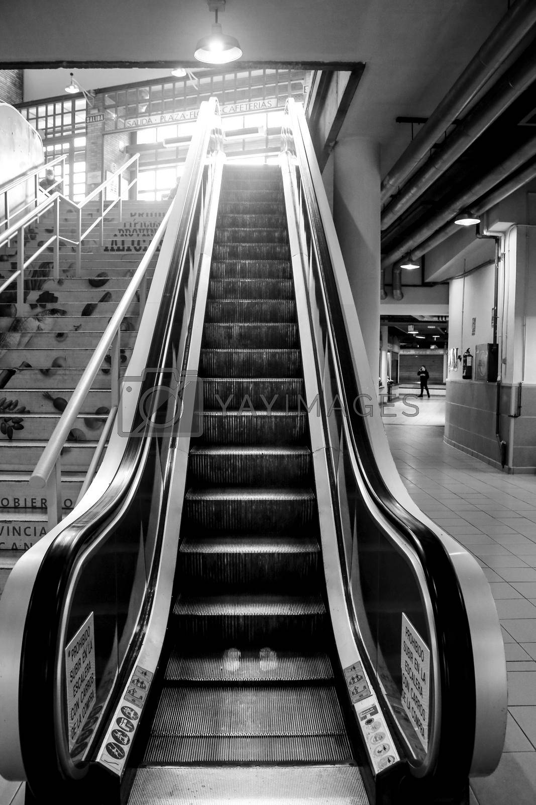 Alicante, Spain- March 28, 2022: Entrance and escalators of the Alicante Food Market