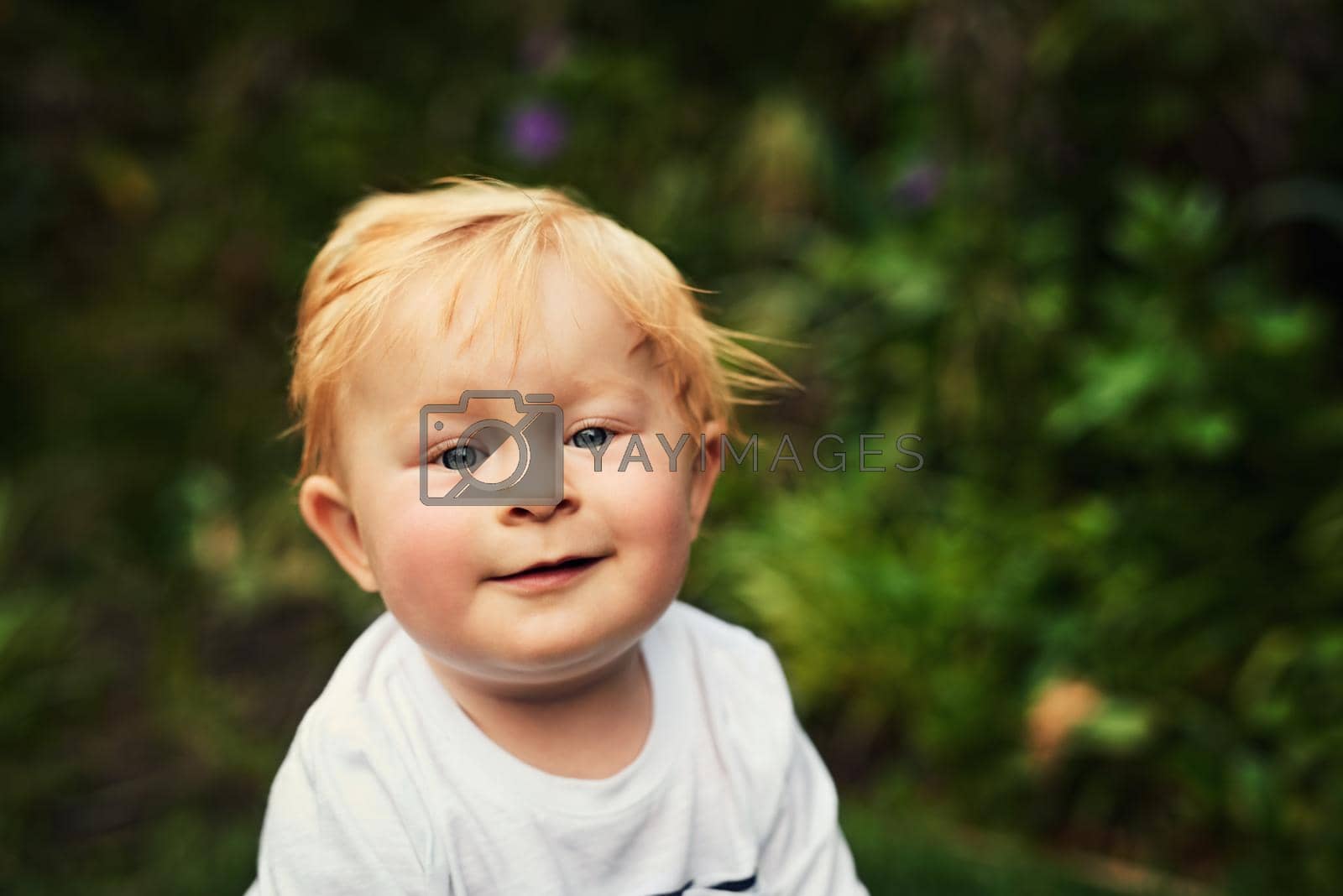 Shot of an adorable little boy playing in the backyard.