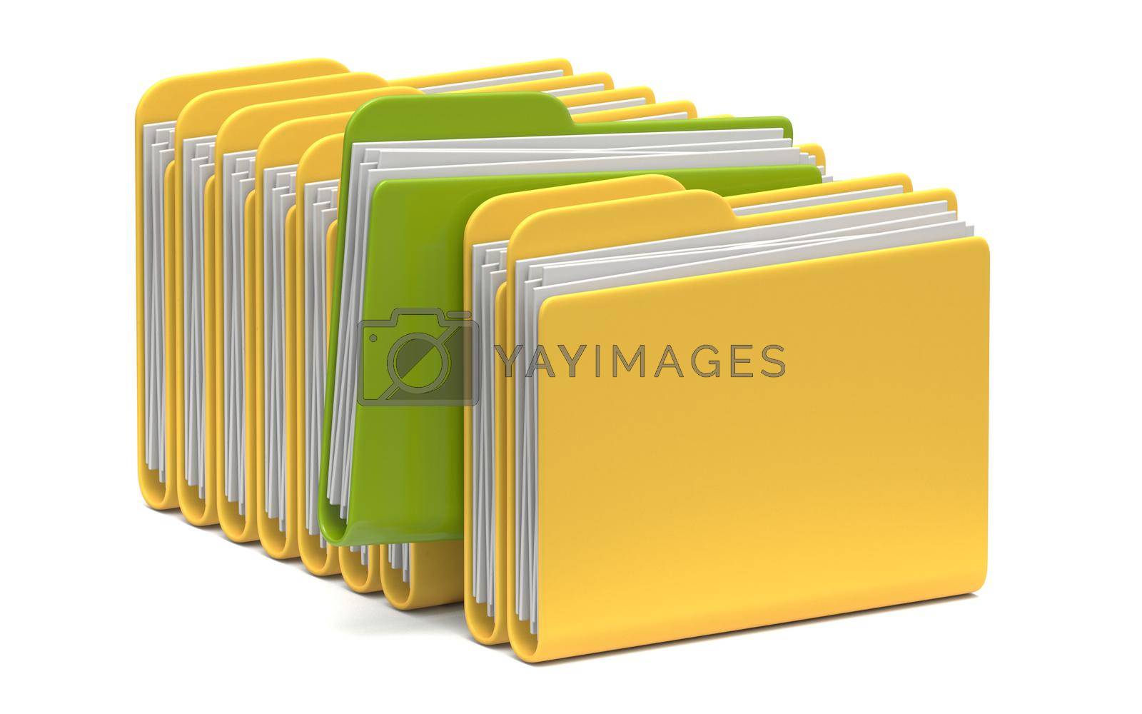 Group of Yellow folders with green one 3D rendering illustration isolated on white background