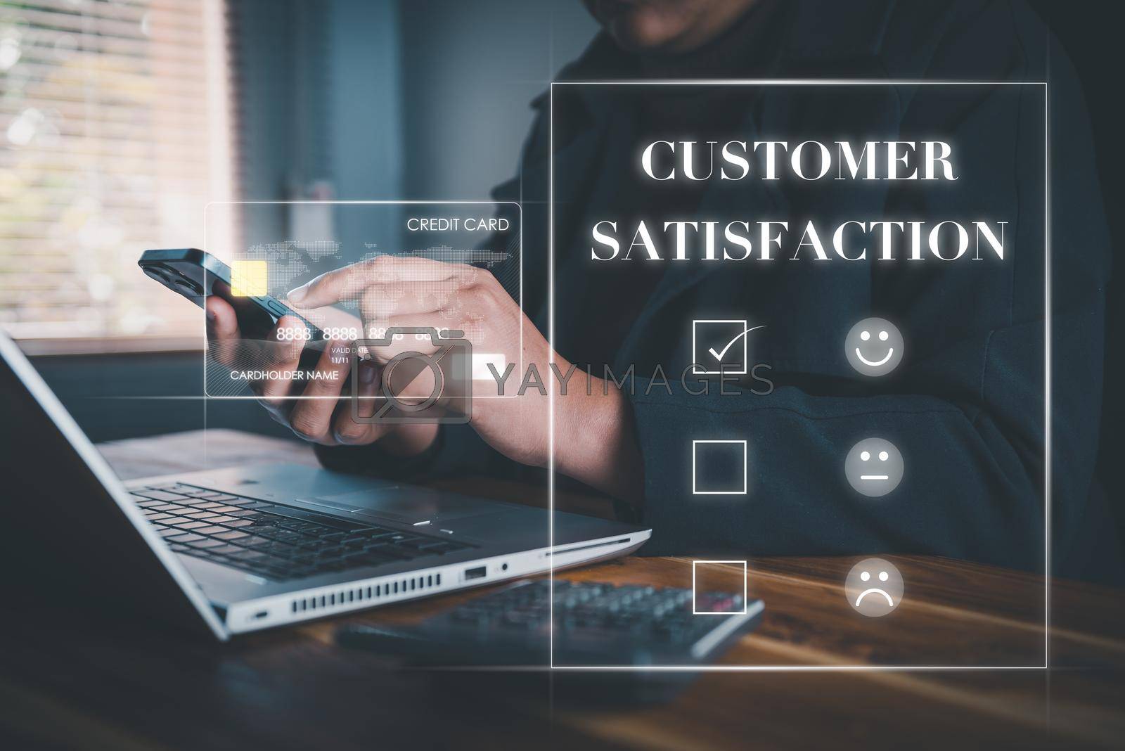 Royalty free image of Customer Survey Feedback and Satisfaction Service Concept. Woman's Hands is Choosing Rate of Satisfaction Evaluation for Customers Service. Product Questionnaire for Customer Satisfied Feedback. by MahaHeang245789