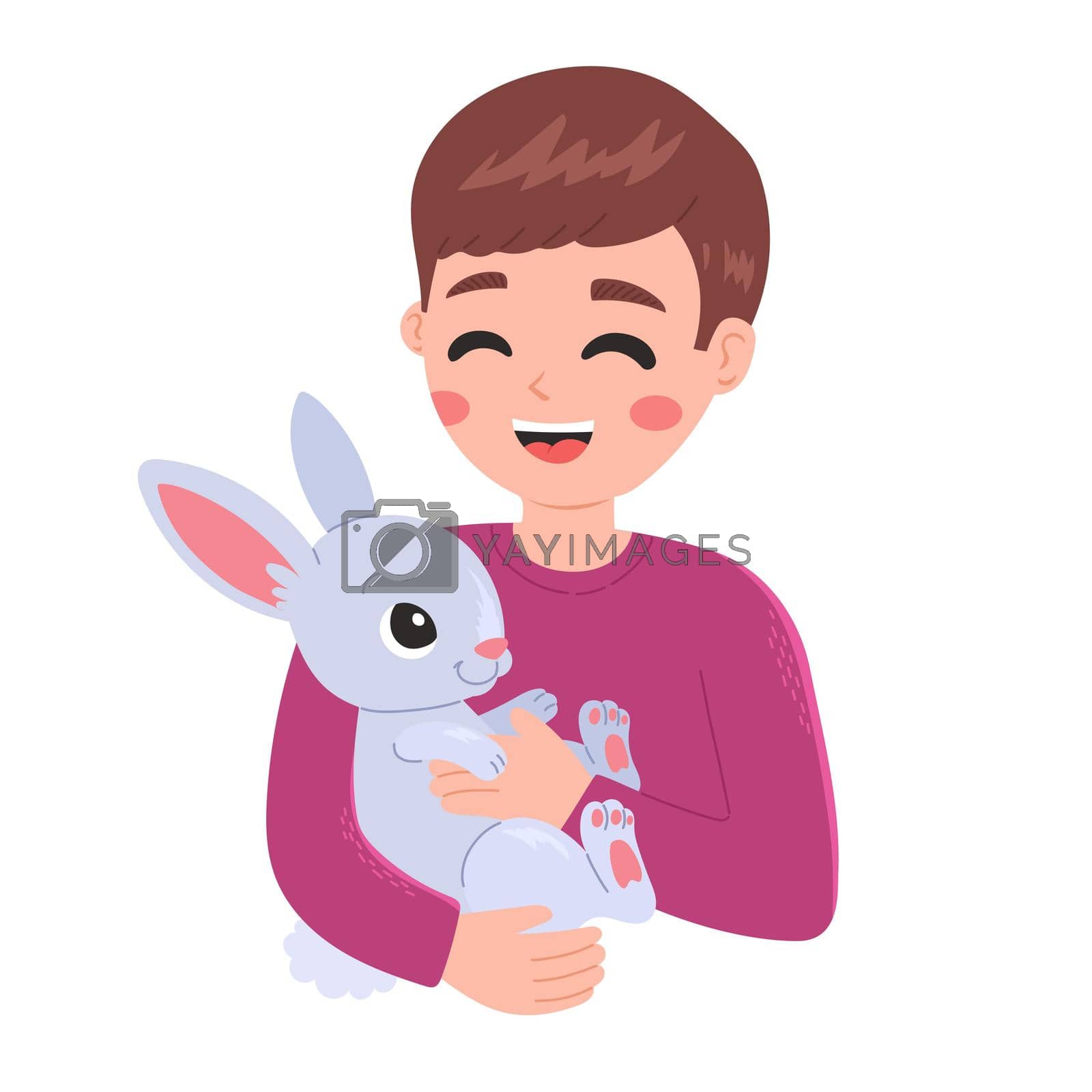 People and pets happy boy with rabbit vector illustration