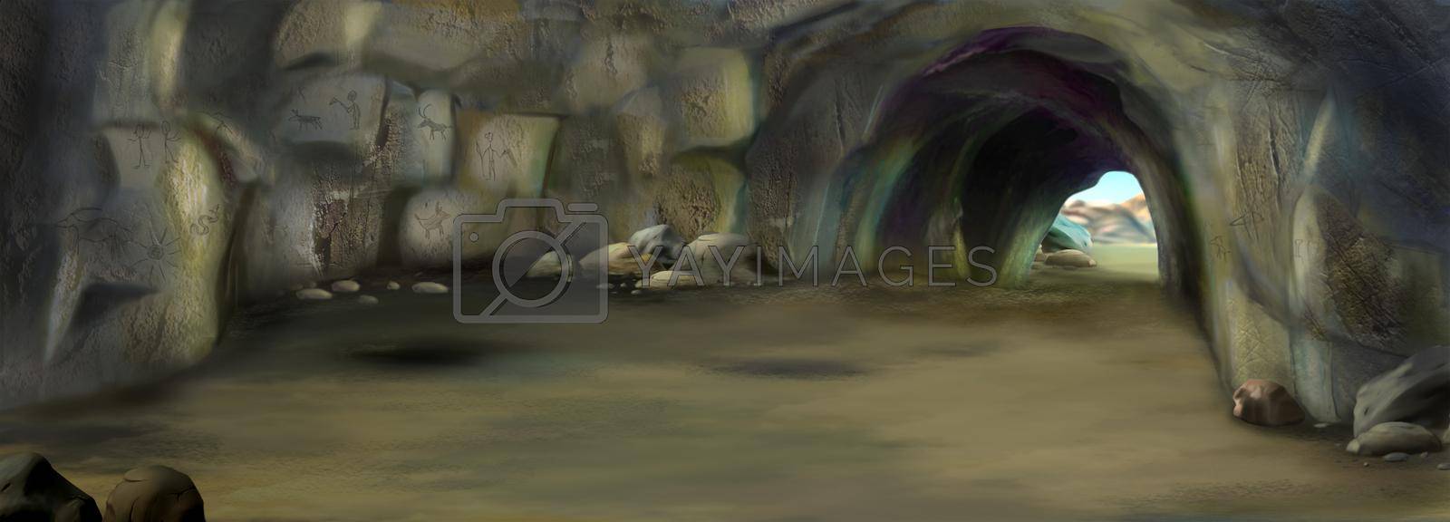 Large cave with drawings of ancient people on the walls. Digital Painting Background, Illustration.