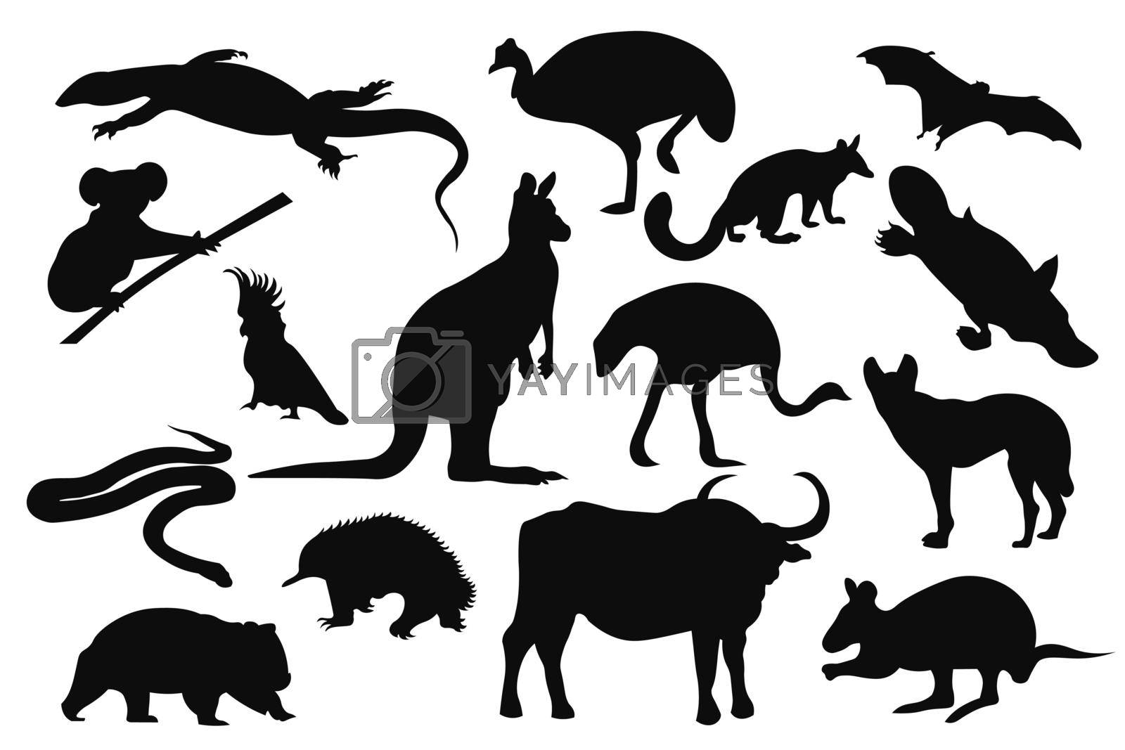Australian animals silhouettes set. Vector illustration.