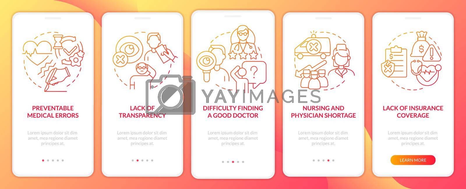 Current healthcare problems red gradient onboarding mobile app screen. Walkthrough 5 steps graphic instructions pages with linear concepts. UI, UX, GUI template. Myriad Pro-Bold, Regular fonts used