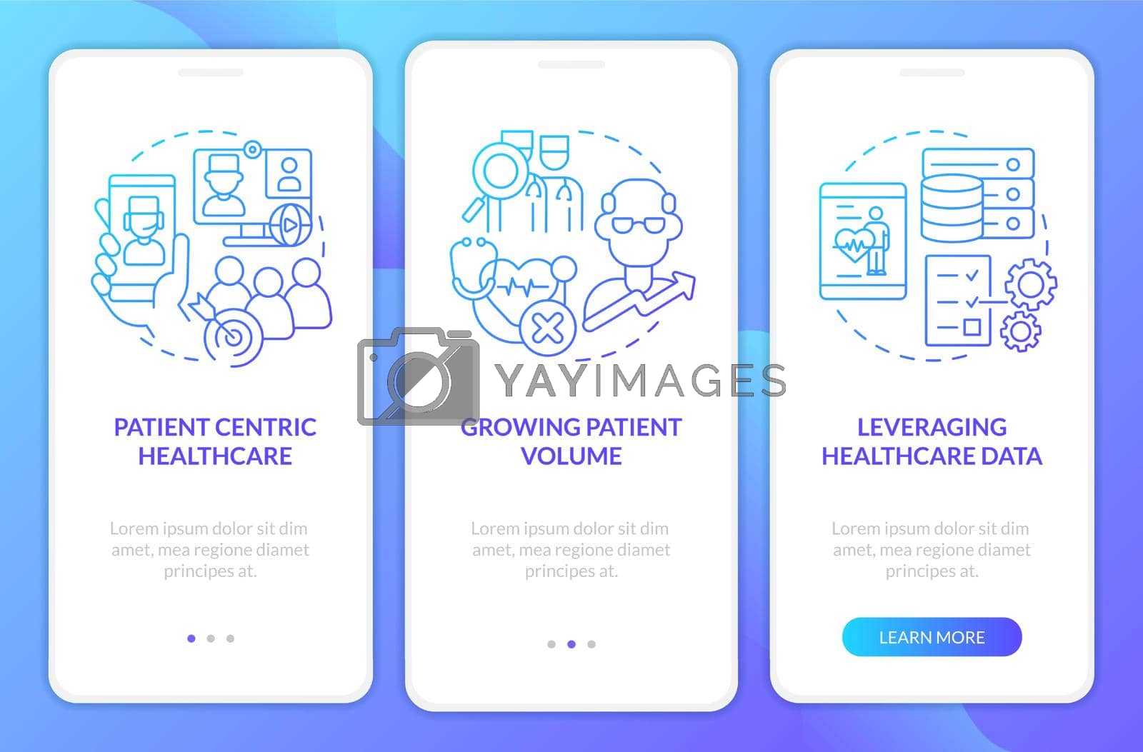Challenges facing healthcare blue gradient onboarding mobile app screen. Walkthrough 3 steps graphic instructions pages with linear concepts. UI, UX, GUI template. Myriad Pro-Bold, Regular fonts used