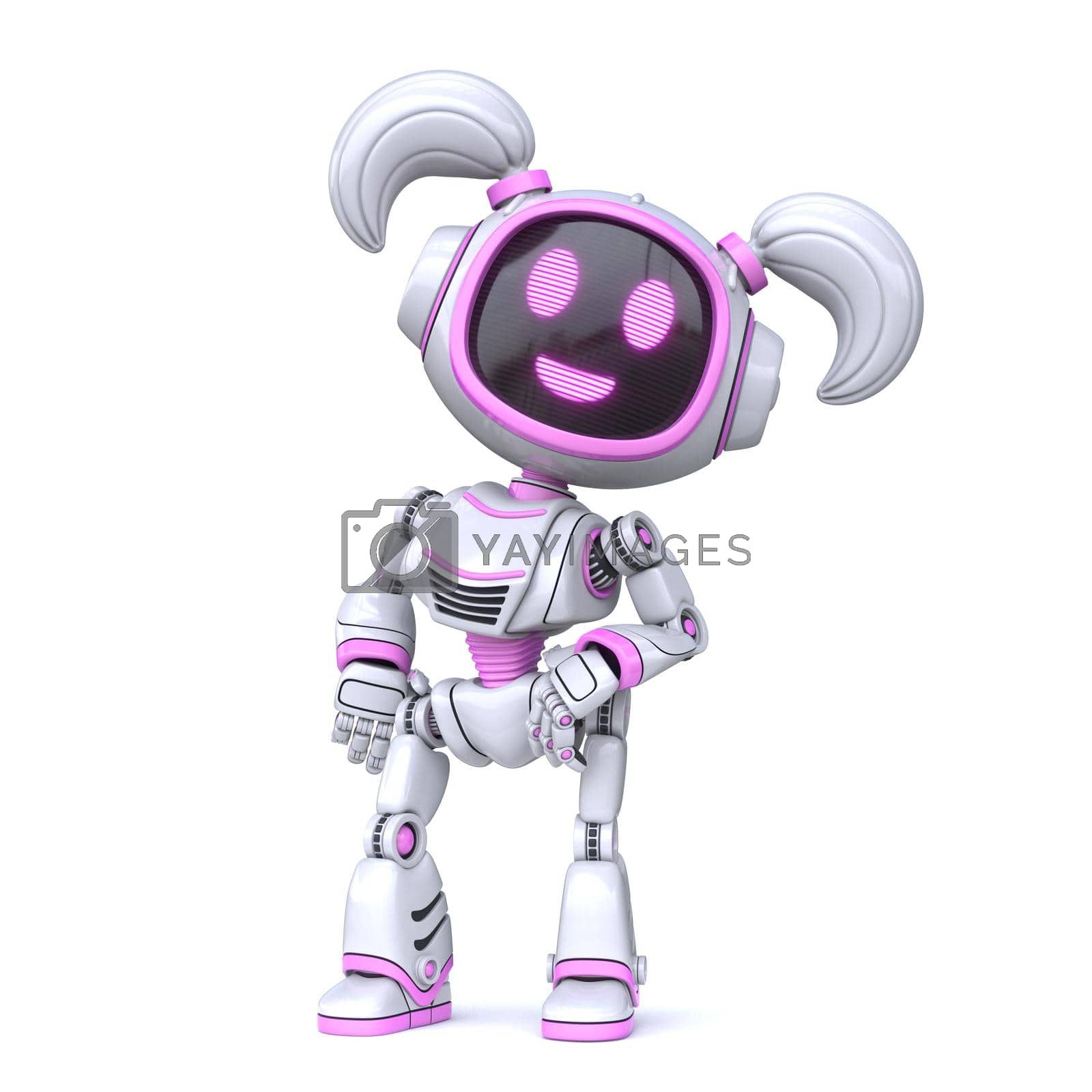 Cute pink girl robot pose as a photo model 3D rendering illustration isolated on white background