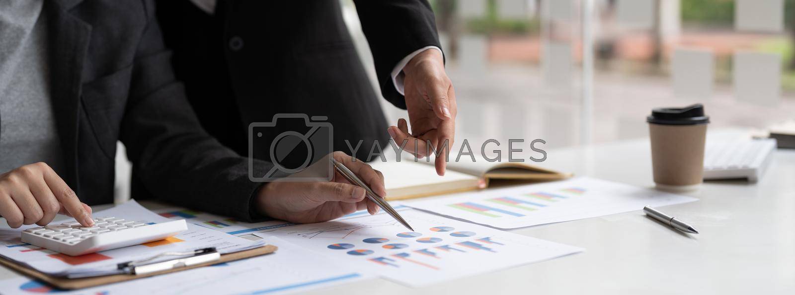 Teamwork process, Business adviser analyzing financial figures denoting the progress in the work of the company.
