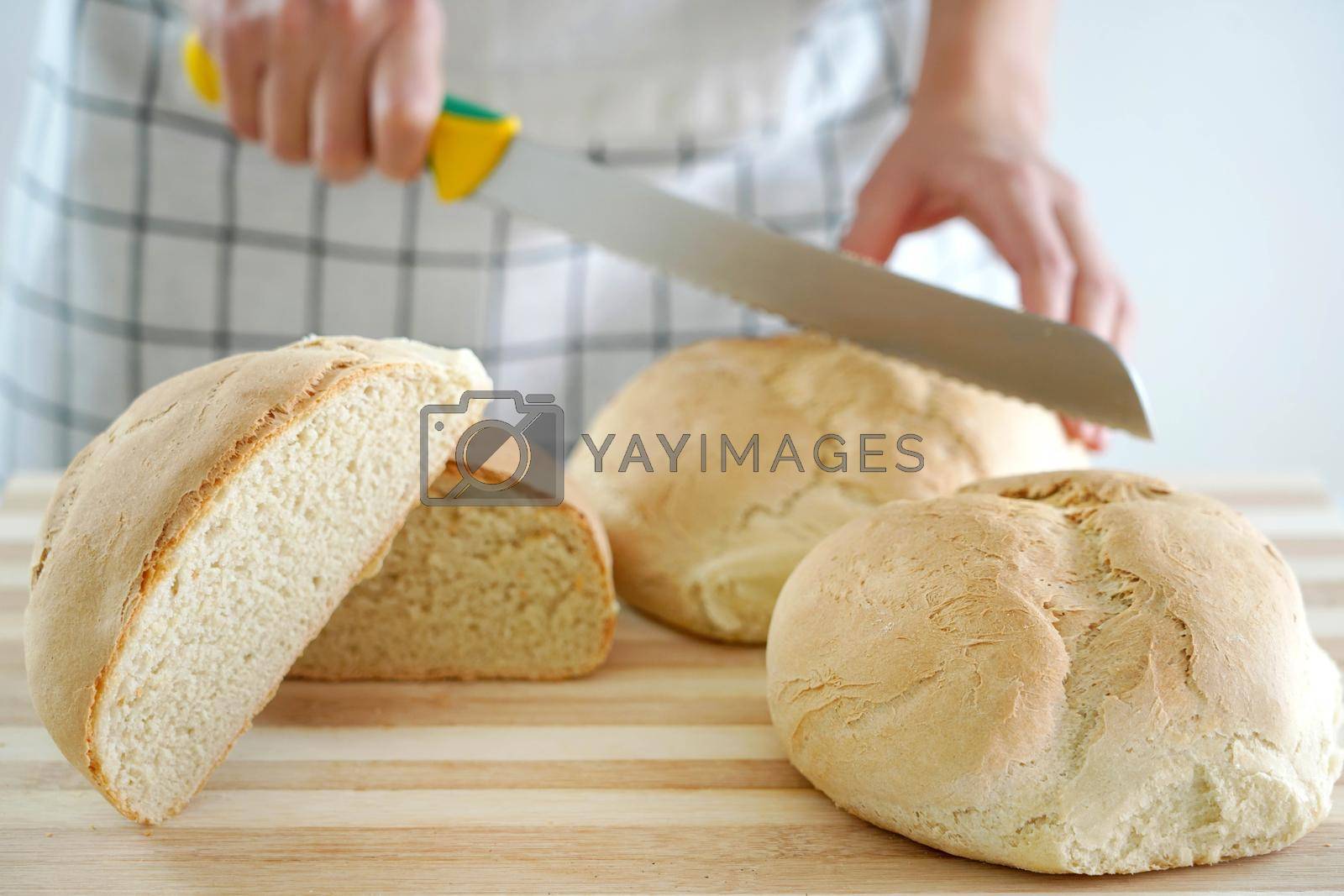 Royalty free image of Woman cutting homemade bread on wooden table, close-up by sergio_monti