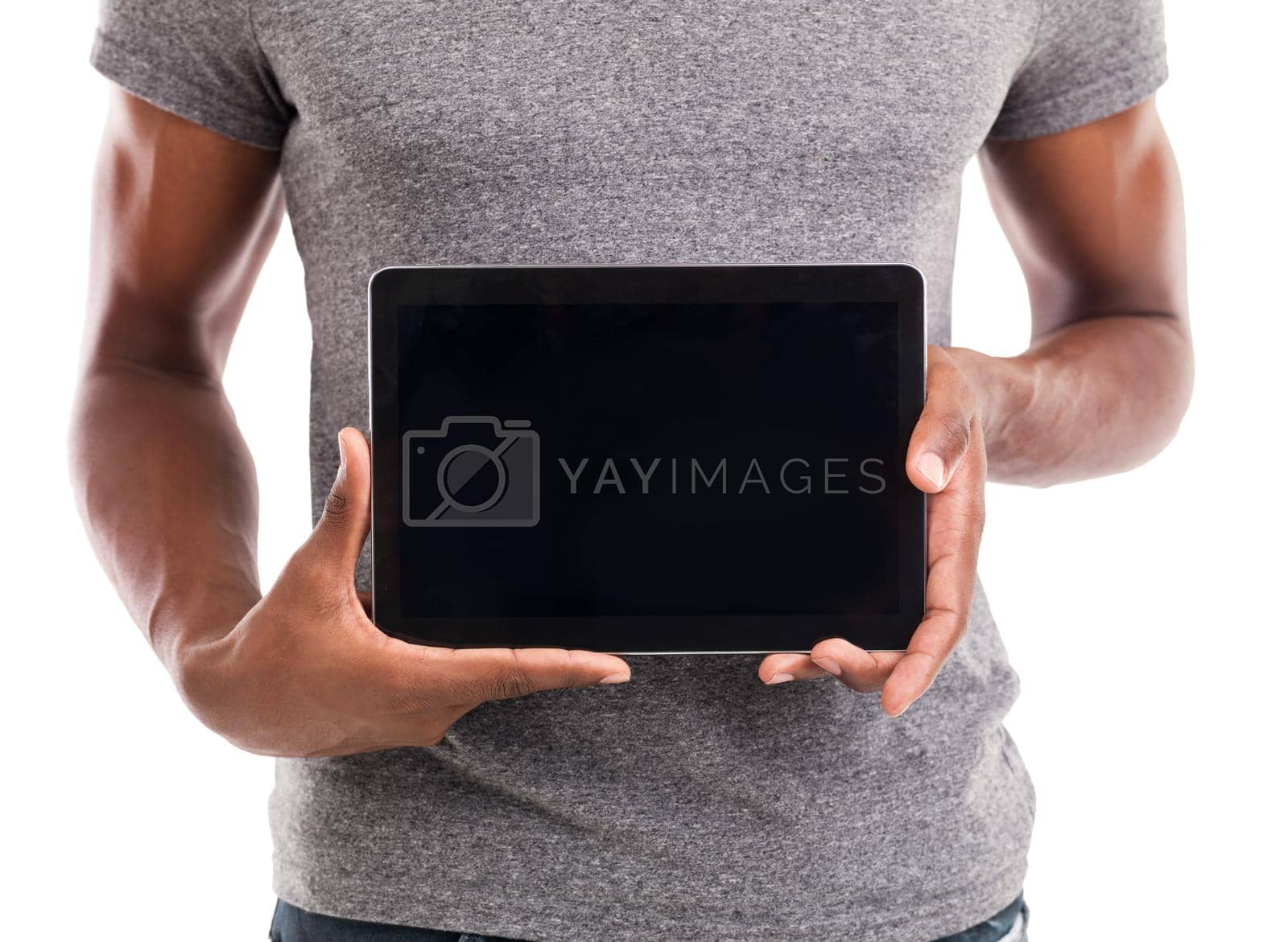 Cropped shot of a man holding his digital tablet.