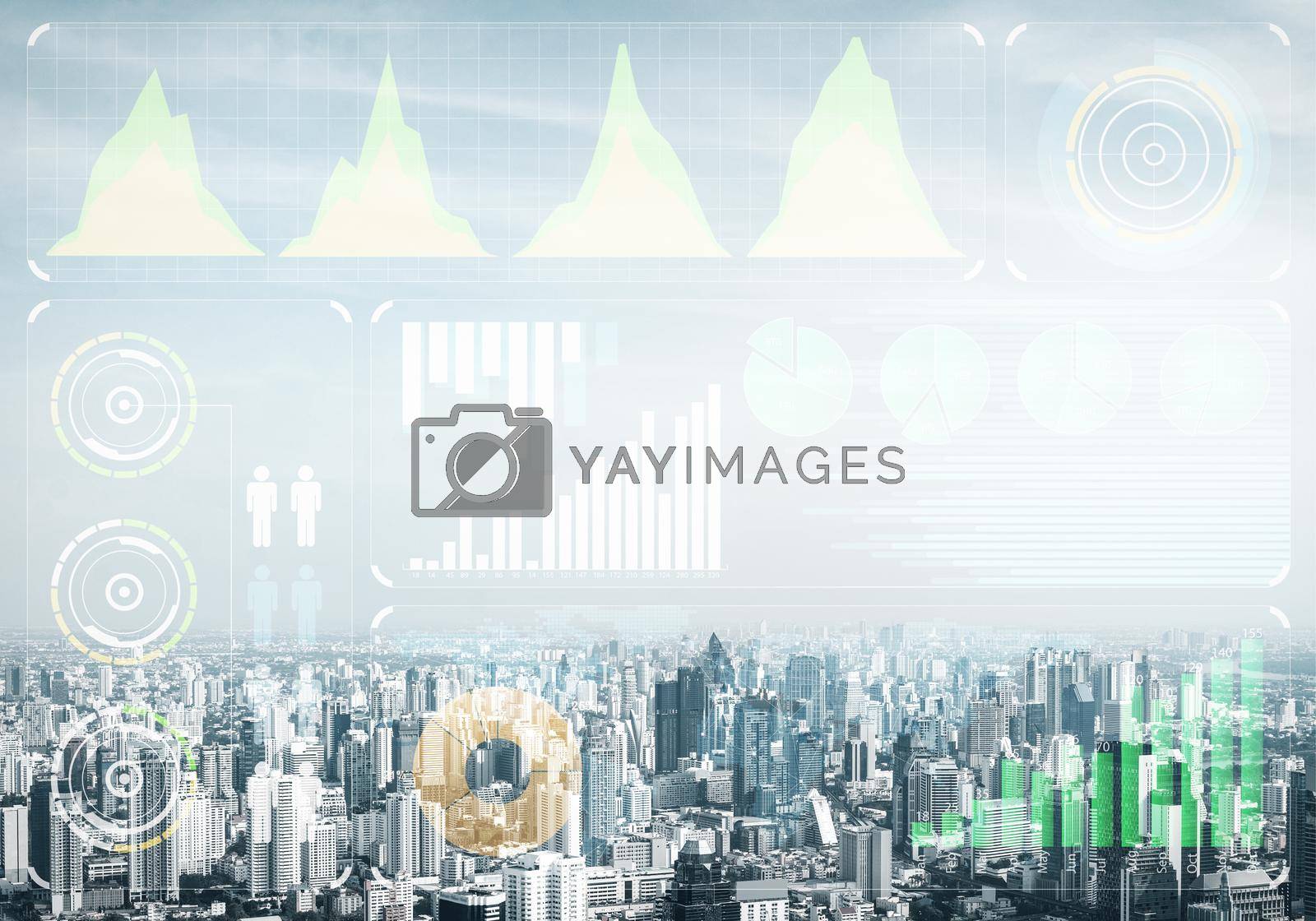 Double exposure business concept with abstract stock market data on background of modern cityscape. Virtual interface of online trading platform. Digital economic indexes, analytics and statistics.
