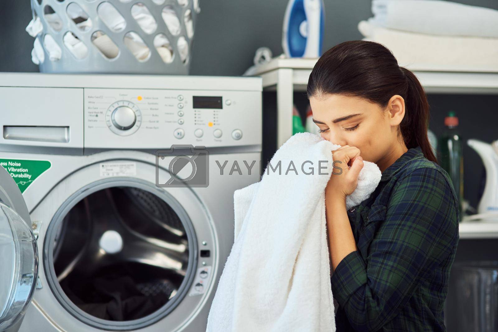 Royalty free image of The smell of fresh laundry. Cropped shot of an attractive young woman smelling a freshly washed towel while doing laundry at home. by YuriArcurs