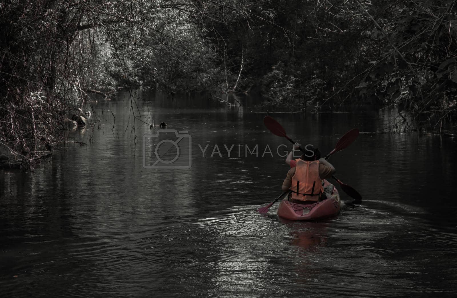 Nakhon Ratchasima, Thailand. Mar - 20, 2022 : Rear view of young couple Woman and man. Adventurous people having fun together while red kayaking on brook in forest. Having fun in leisure activity, Nature and Tourist attraction concept. No focus, specifically.