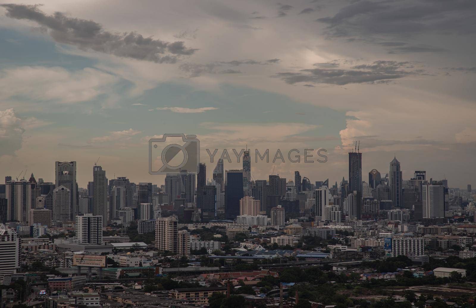 Bangkok, Thailand - 22 Mar, 2022 : Beautiful scenery view over large metropol city in Asia. With tall building and skyscraper in background.