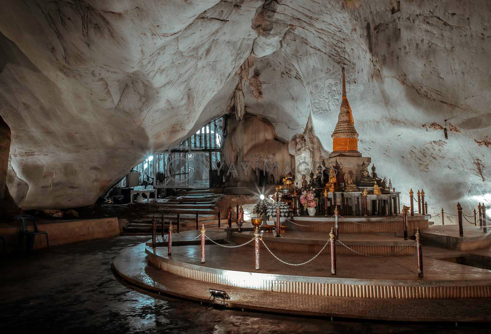 The buddha statues or The buddha image inside Wat Tham Phra Phothisat or Bodhisattva Cave Temple and it is the old and limestone cave temples at Kaeng Khoi District, Saraburi Province, Thailand, Selective focus.