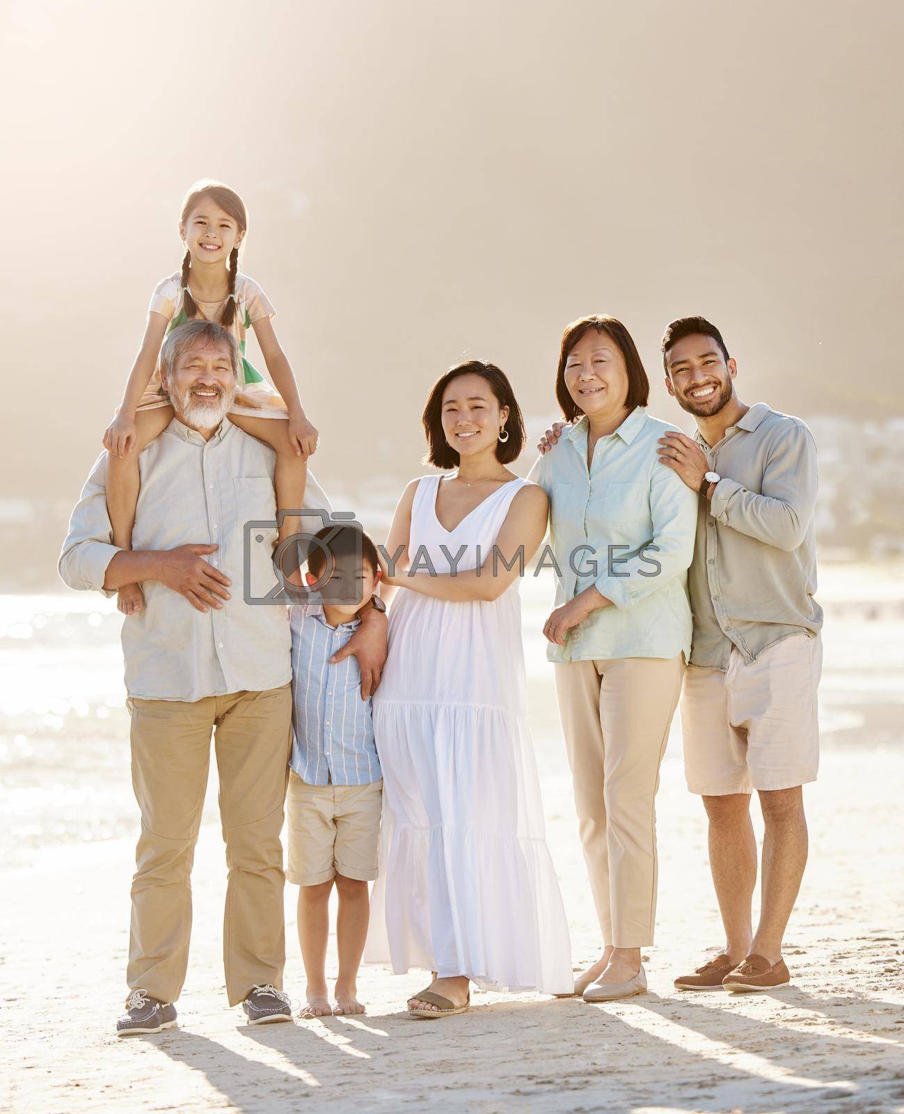 Full length shot of a happy diverse multi-generational family at the beach.