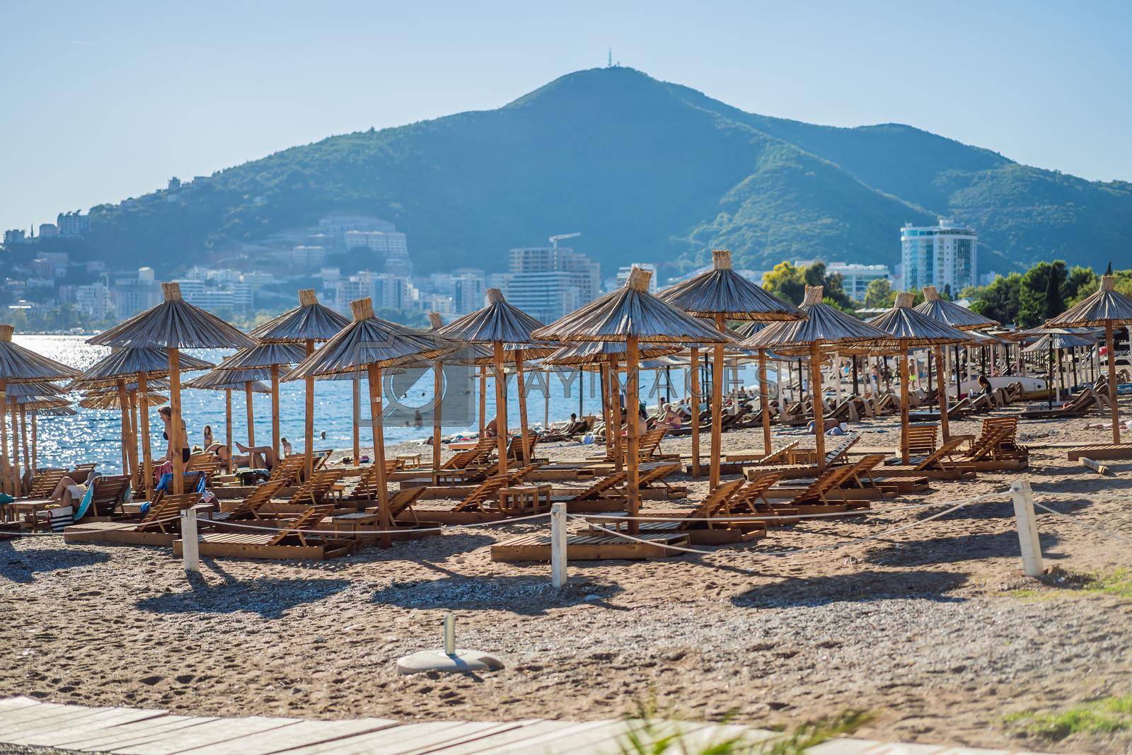 Budva, Montenegro - September 25, 2021: The beaches of Montenegro are ready for the tourist season.