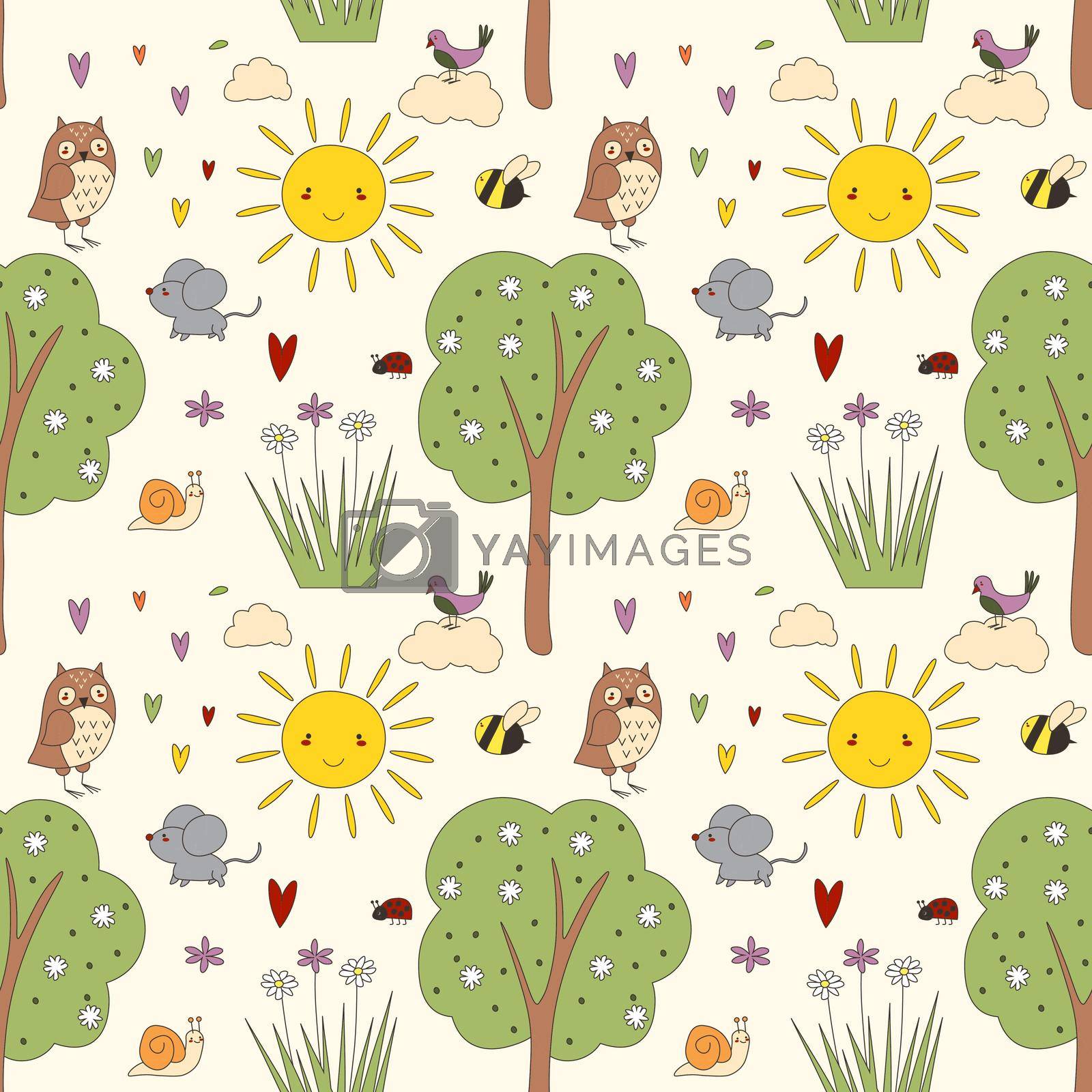 Seamless pattern of cute woodland animals and birds with autumn floral elements