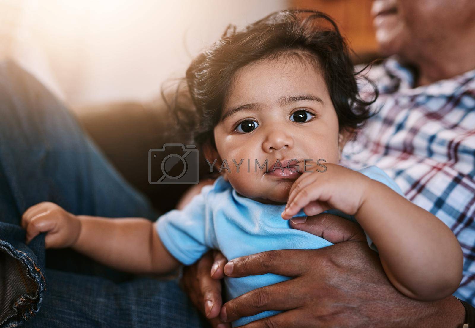 Royalty free image of Trying to figure out whats going on. Portrait of a cheerful little baby boy sitting on his dads lap while looking into the camera at home during the day. by YuriArcurs