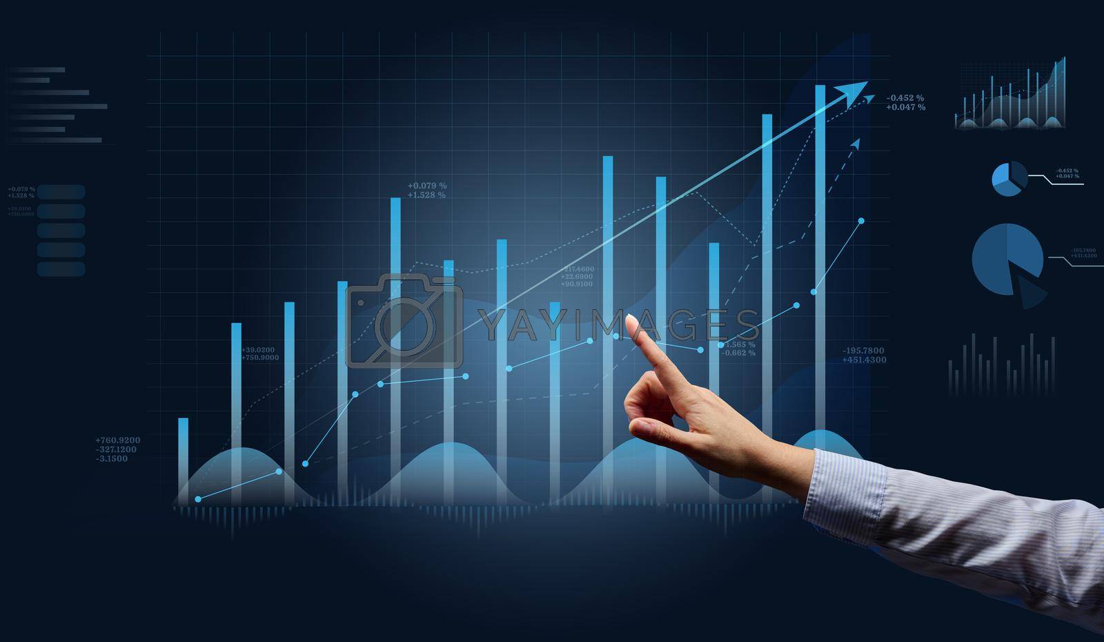 Holographic graph with growing indicators and a woman's hand. Business growth concept, profitable startup, profitable business strategy
